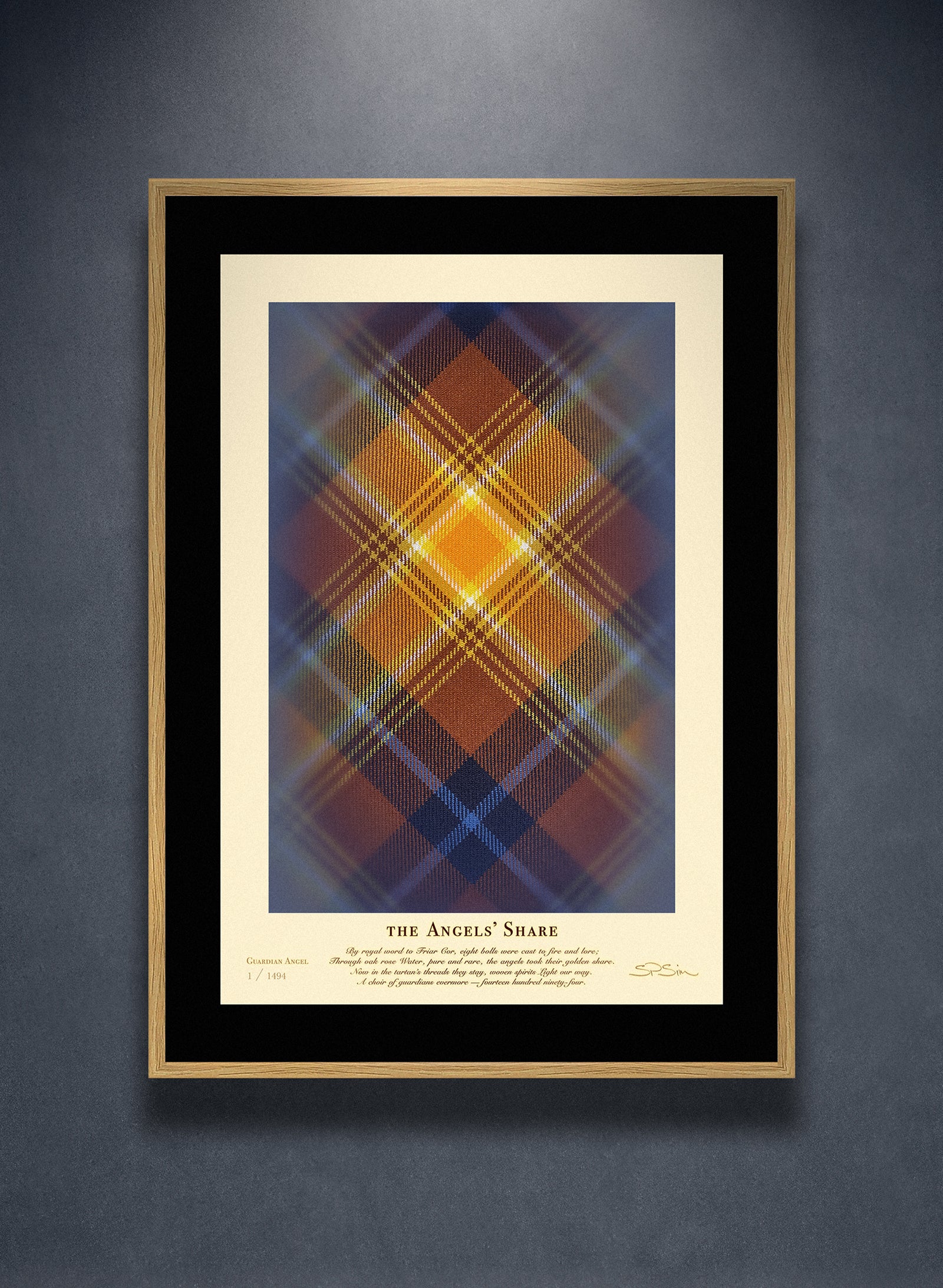 Tight crop of a framed Angels’ Share (1494 Guardians) print against a blue wall.