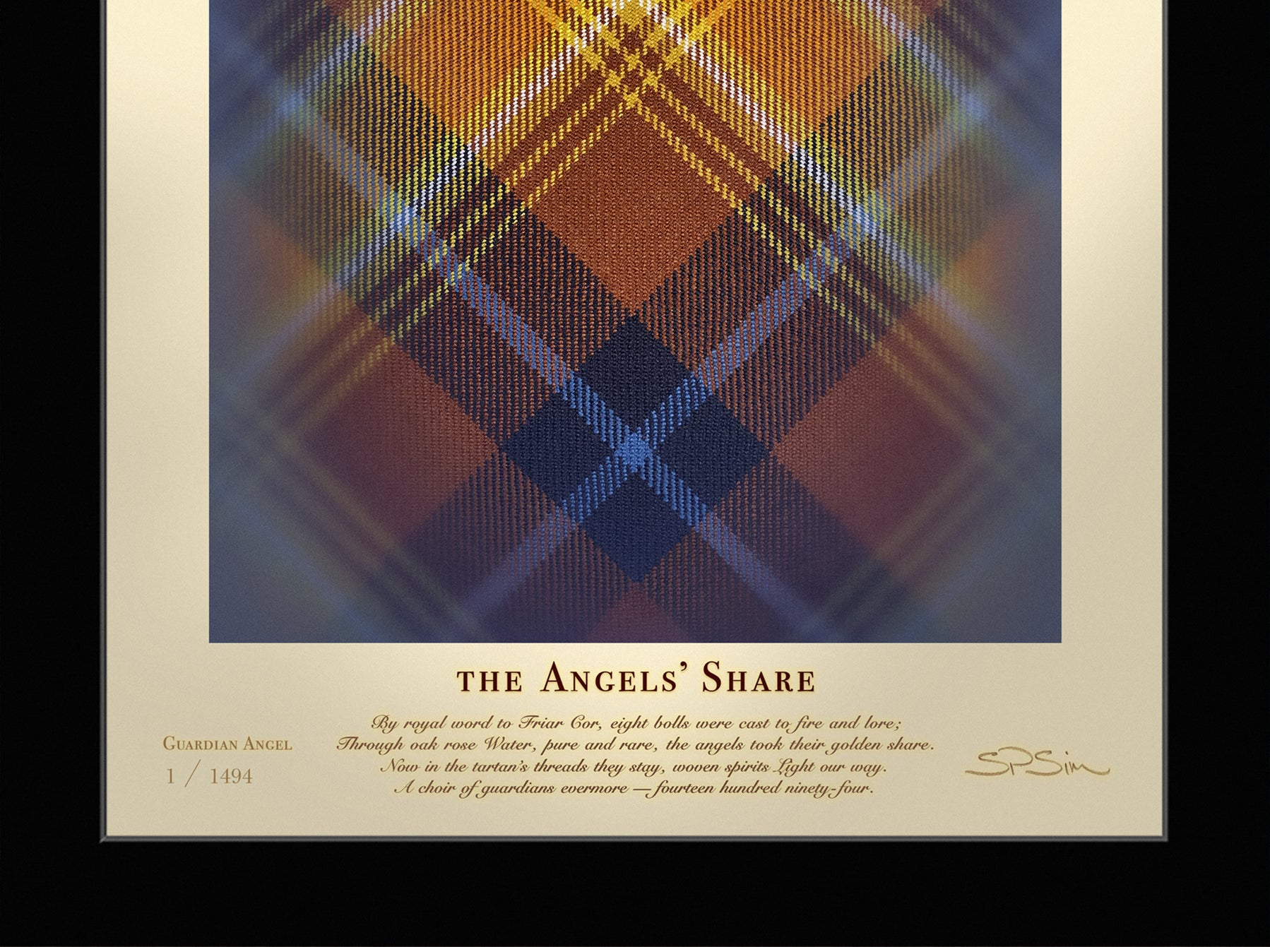 Close-up of Angels’ Share framed print showing the mount area with title and text.