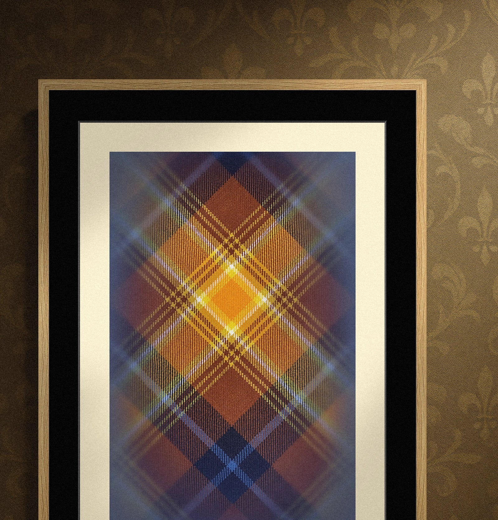 Framed Angels’ Share (1494 Guardians) print displayed on a wall with patterned wallpaper.