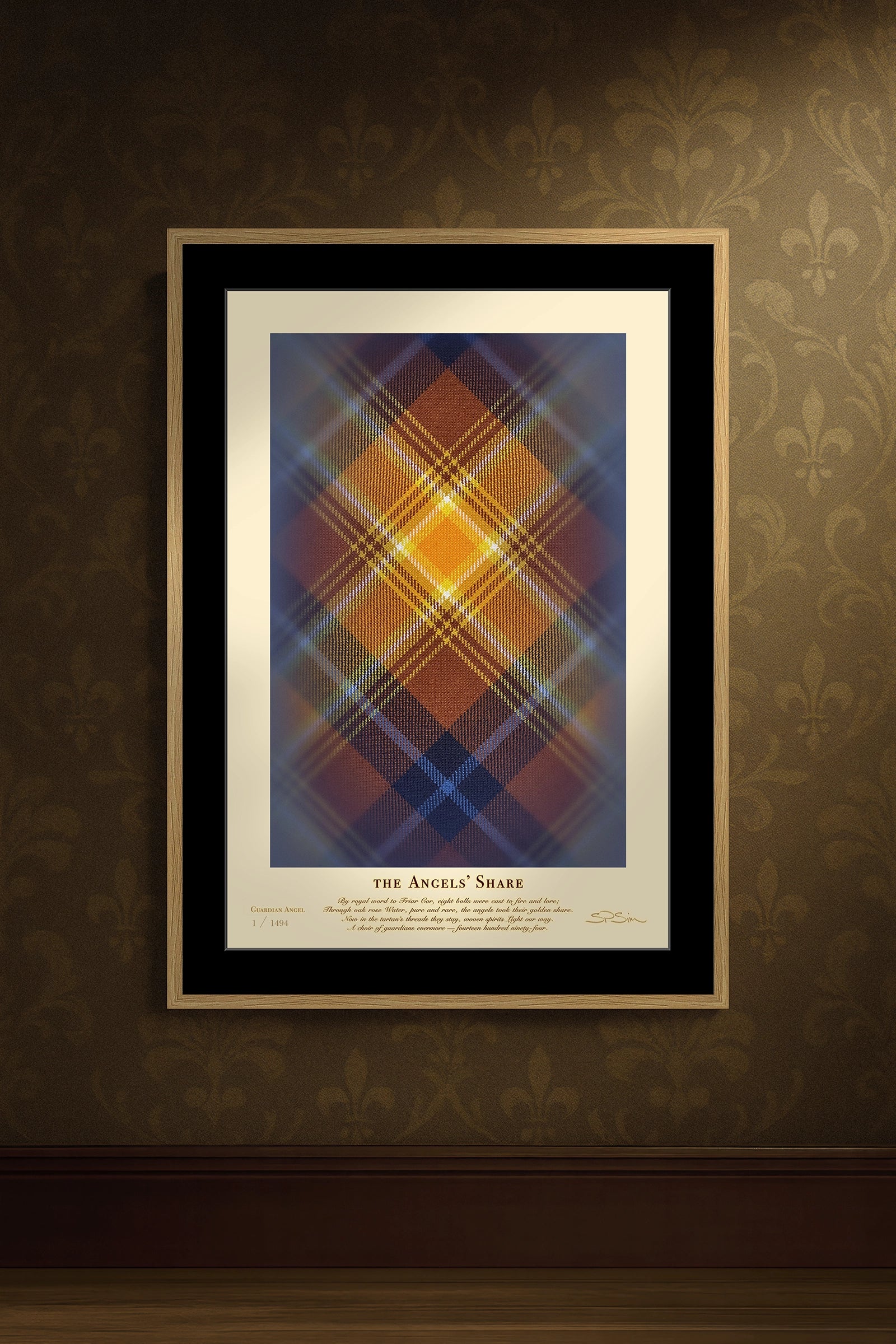 Wider view of framed Angels’ Share (1494 Guardians) print in a traditional wallpapered room.