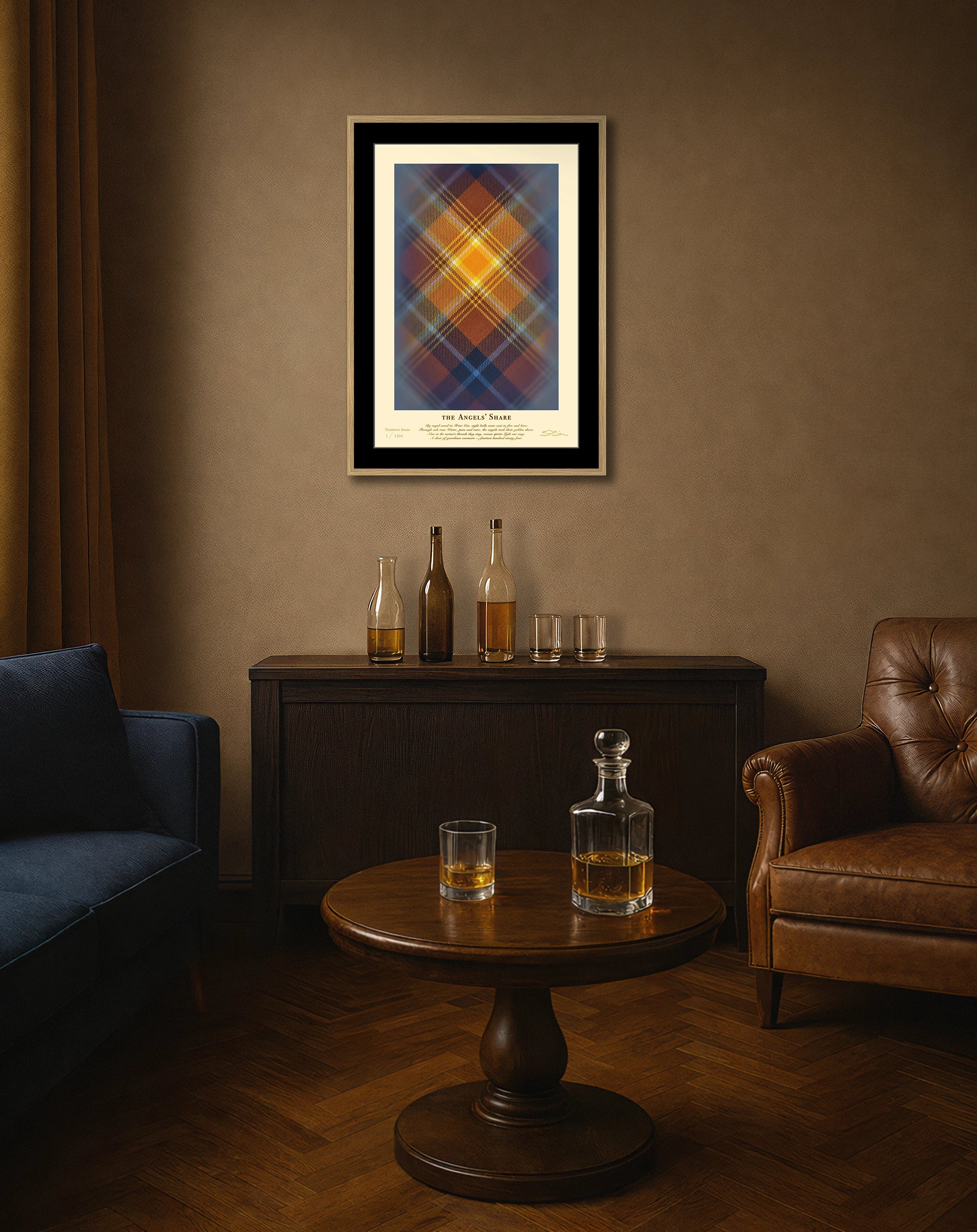 Framed Angels’ Share (1494 Guardians) print on a wall in an atmospheric room.