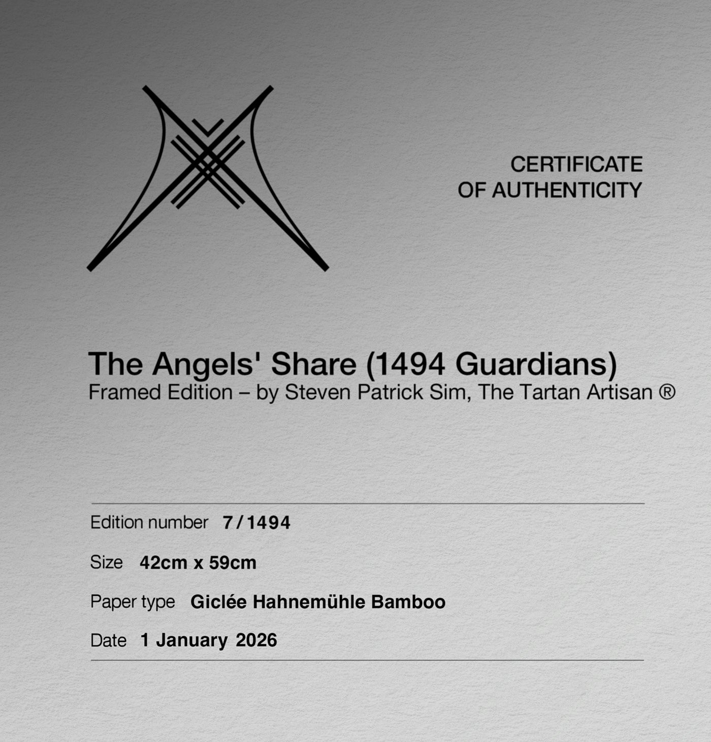 Cropped certificate showing edition number and print details for Angels’ Share (1494 Guardians).