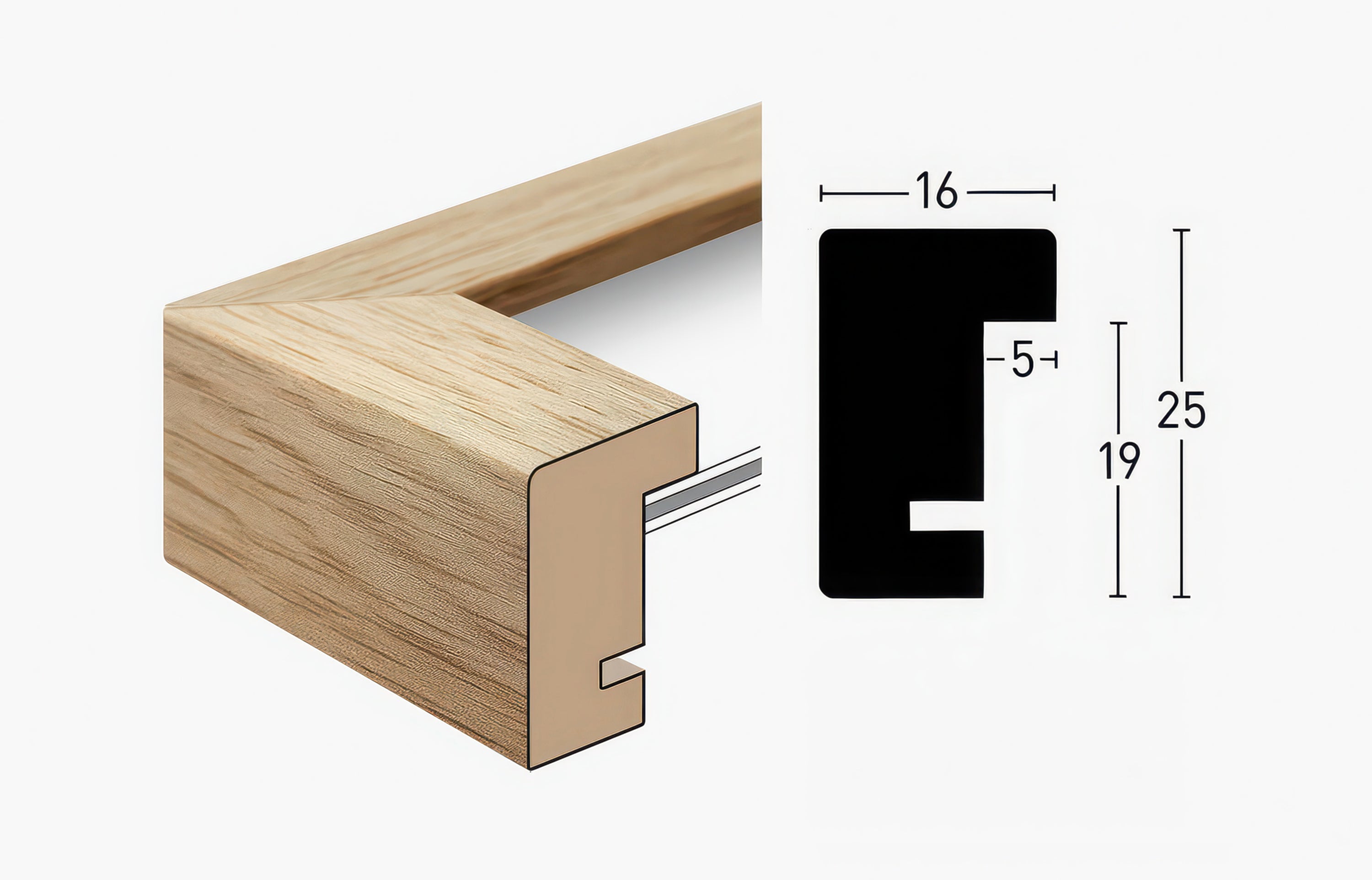 Finished oak wood picture frame profile detail for fine art prints.