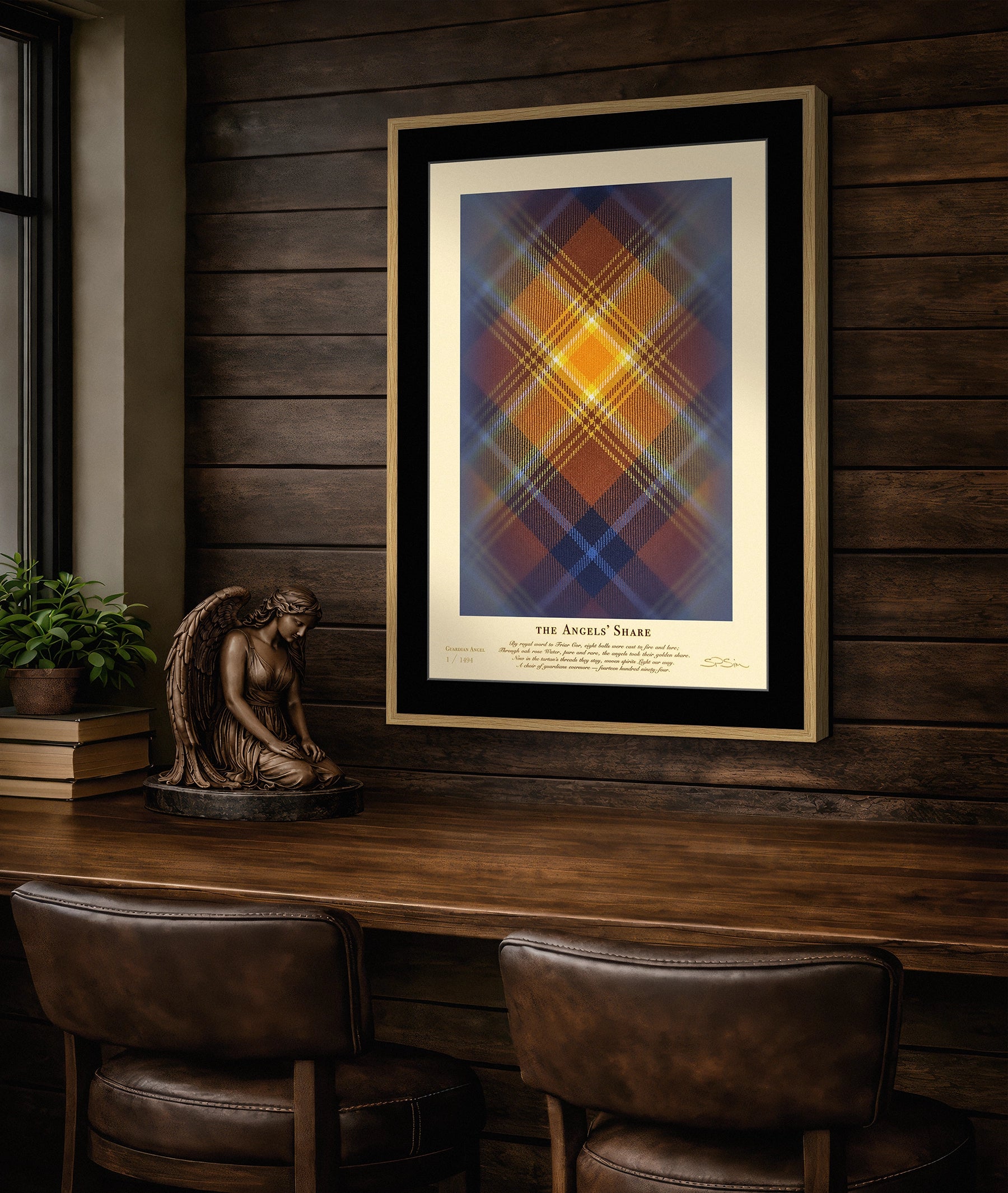 Framed Angels’ Share (1494 Guardians) print in a styled room with a bronze figure sculpture.