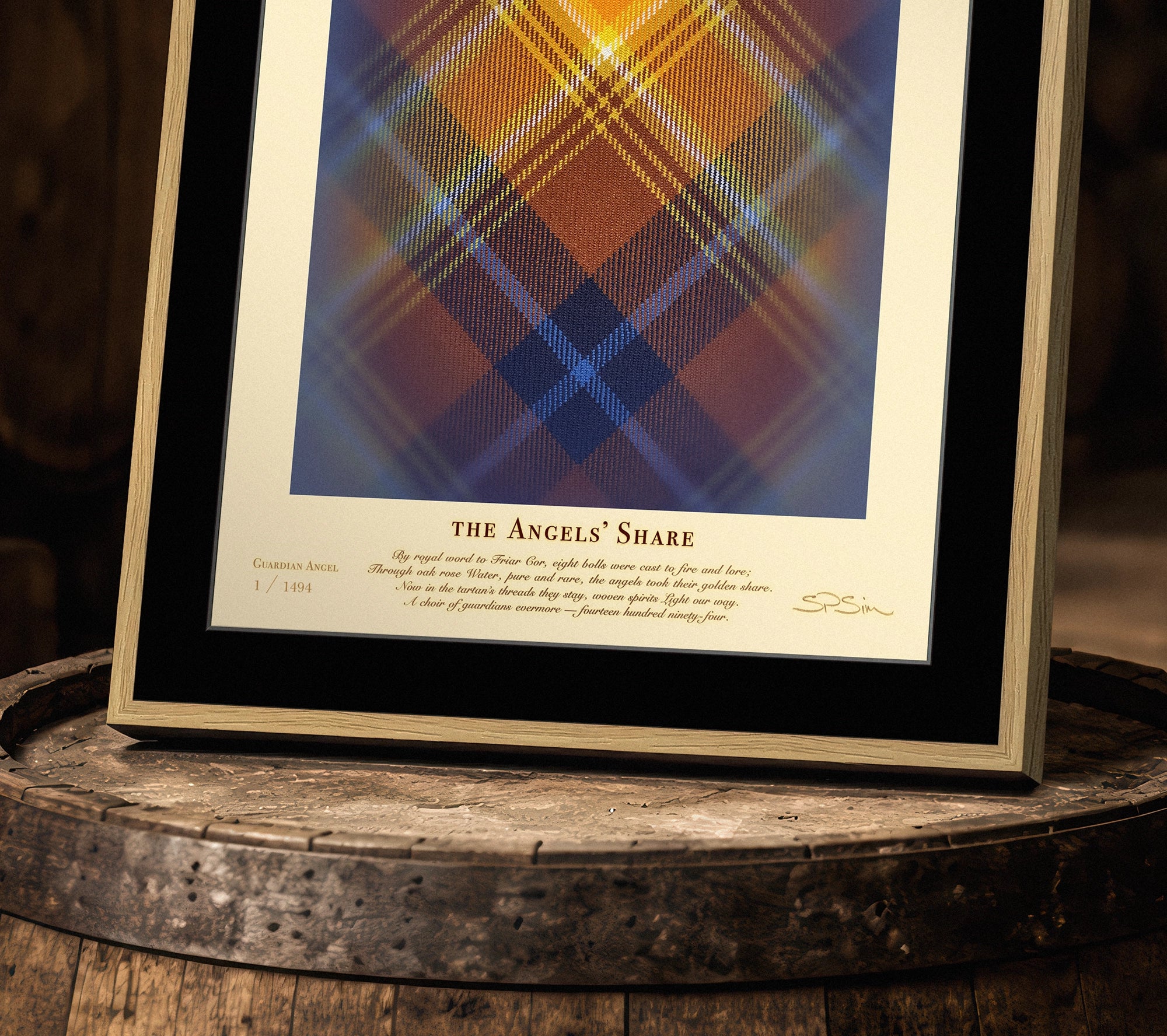Close-up of framed Angels’ Share (1494 Guardians) print sitting on a whisky barrel.
