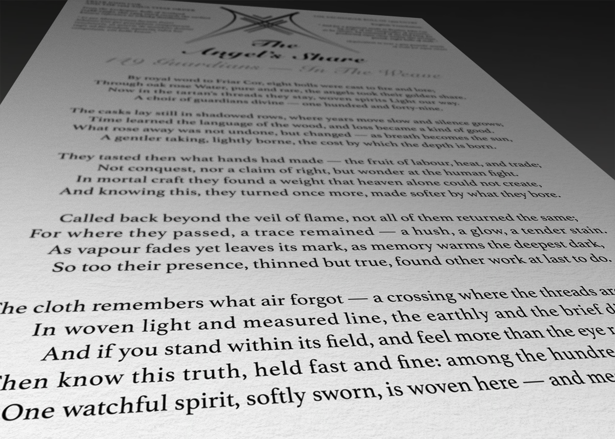 Close-up view of the Angel’s Share poem sheet showing printed verse and paper texture.