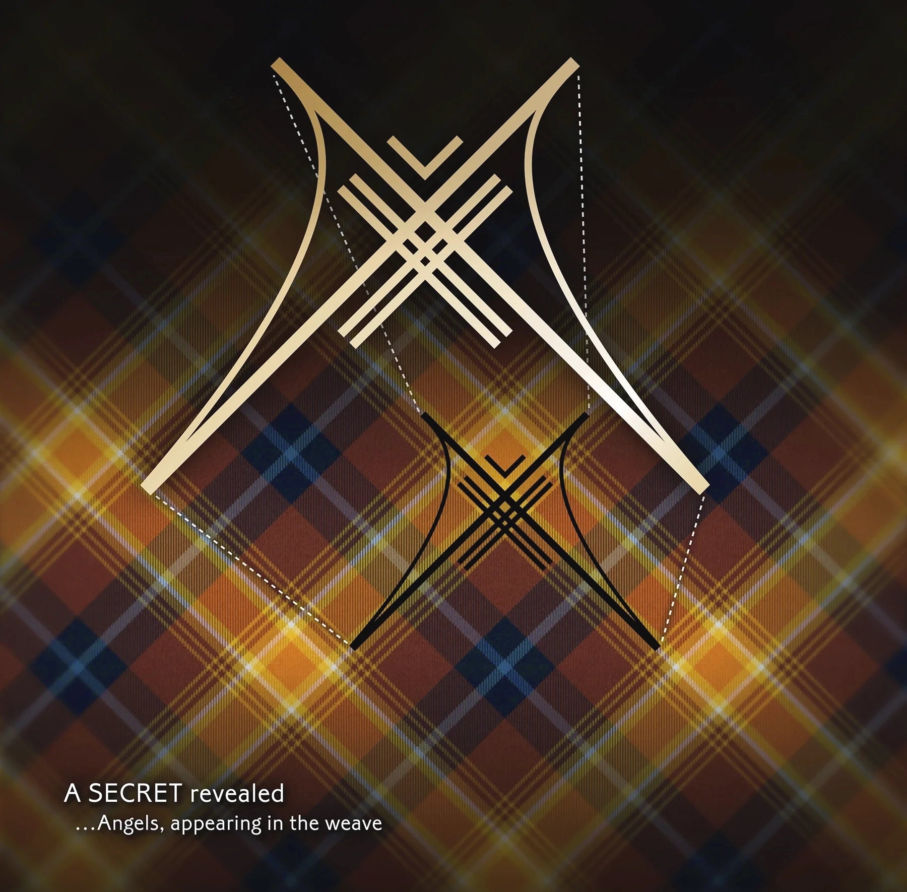 Diagram revealing hidden angel shapes formed within the weave of the Angels’ Share Scotch Whisky tartan.
