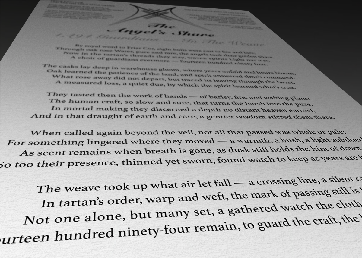 Close-up detail of The Angels’ Share poem text on textured linen paper.