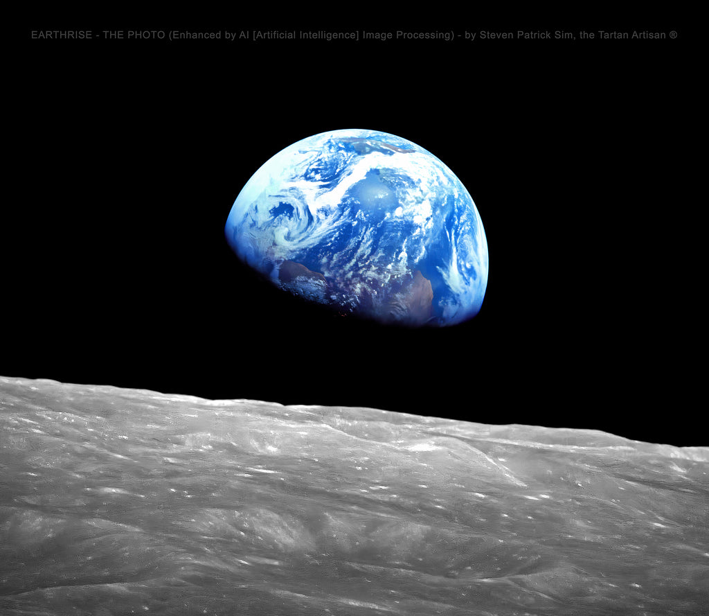 The iconic Earthrise photograph showing the Earth emerging above the lunar horizon, presented as the original visual reference for the Earthrise tartan.