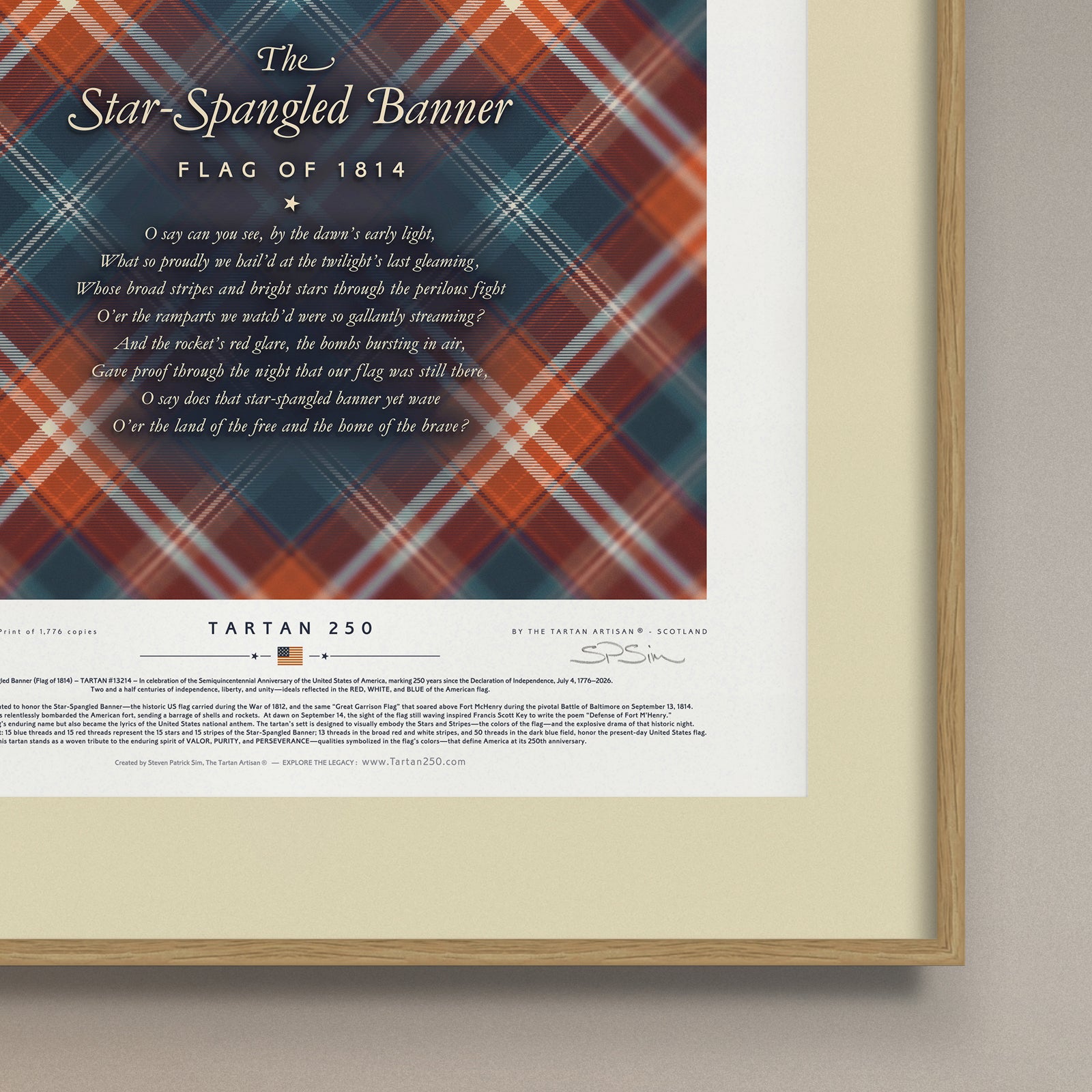 Bottom right corner detail of Tartan250 framed Star-Spangled Banner America250 Past Limited Edition print.