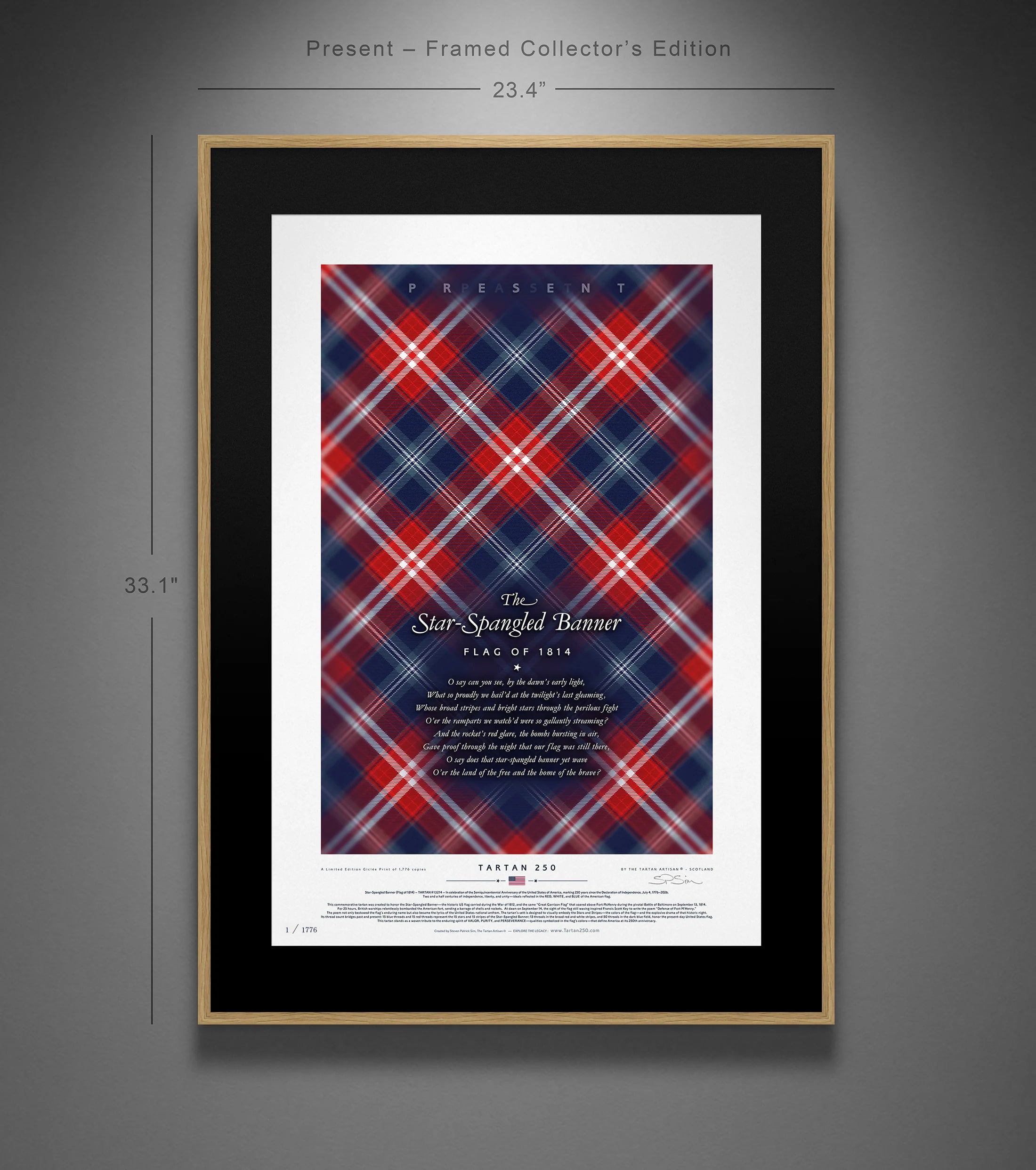 Star-Spangled Banner America250 framed collector’s edition – size schematic showing dimensions 23.4 × 33.1 inches.