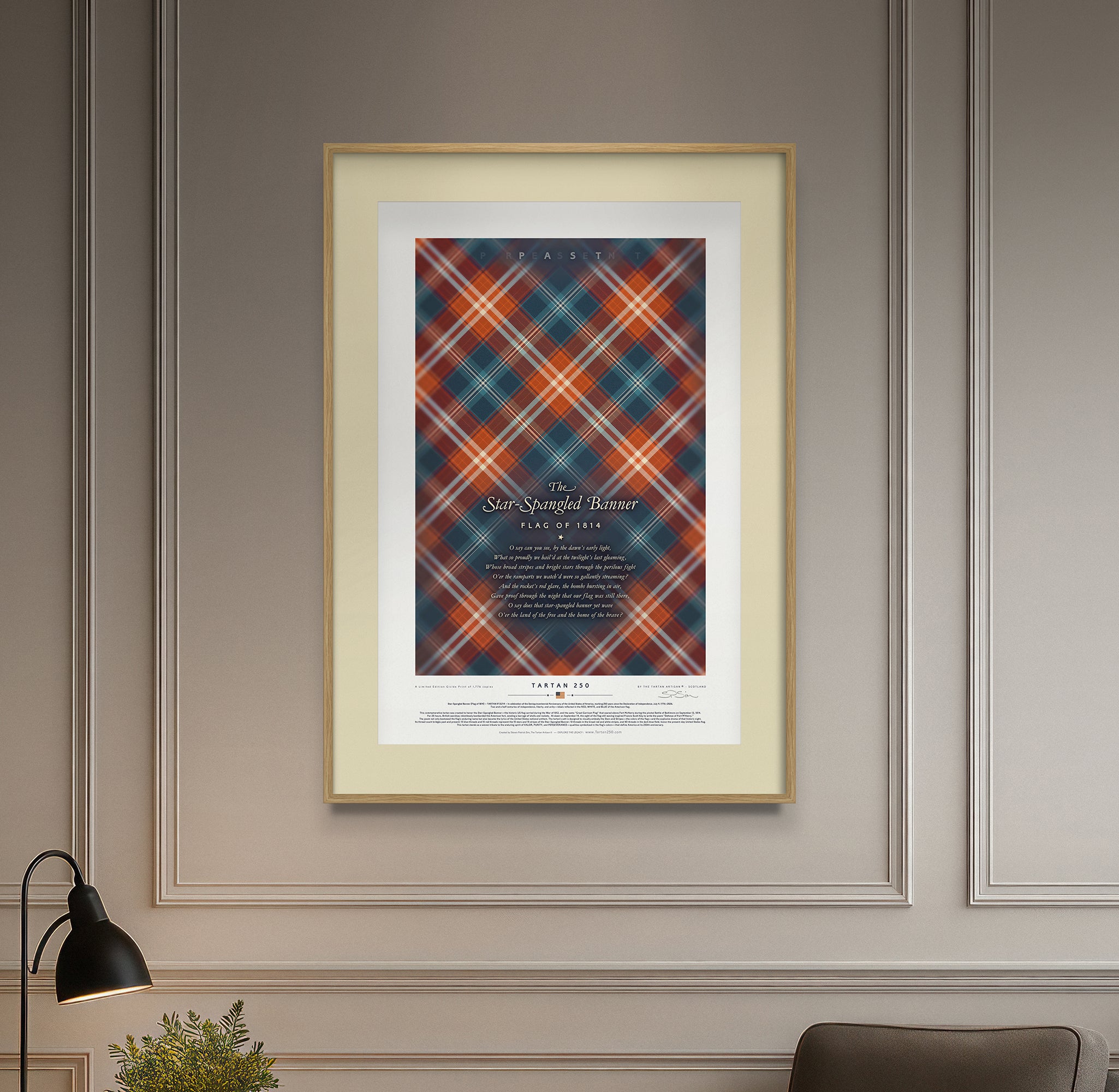 Lifestyle room display of framed Star-Spangled Banner America250 Past Limited Edition print. Tartan250 fine art.