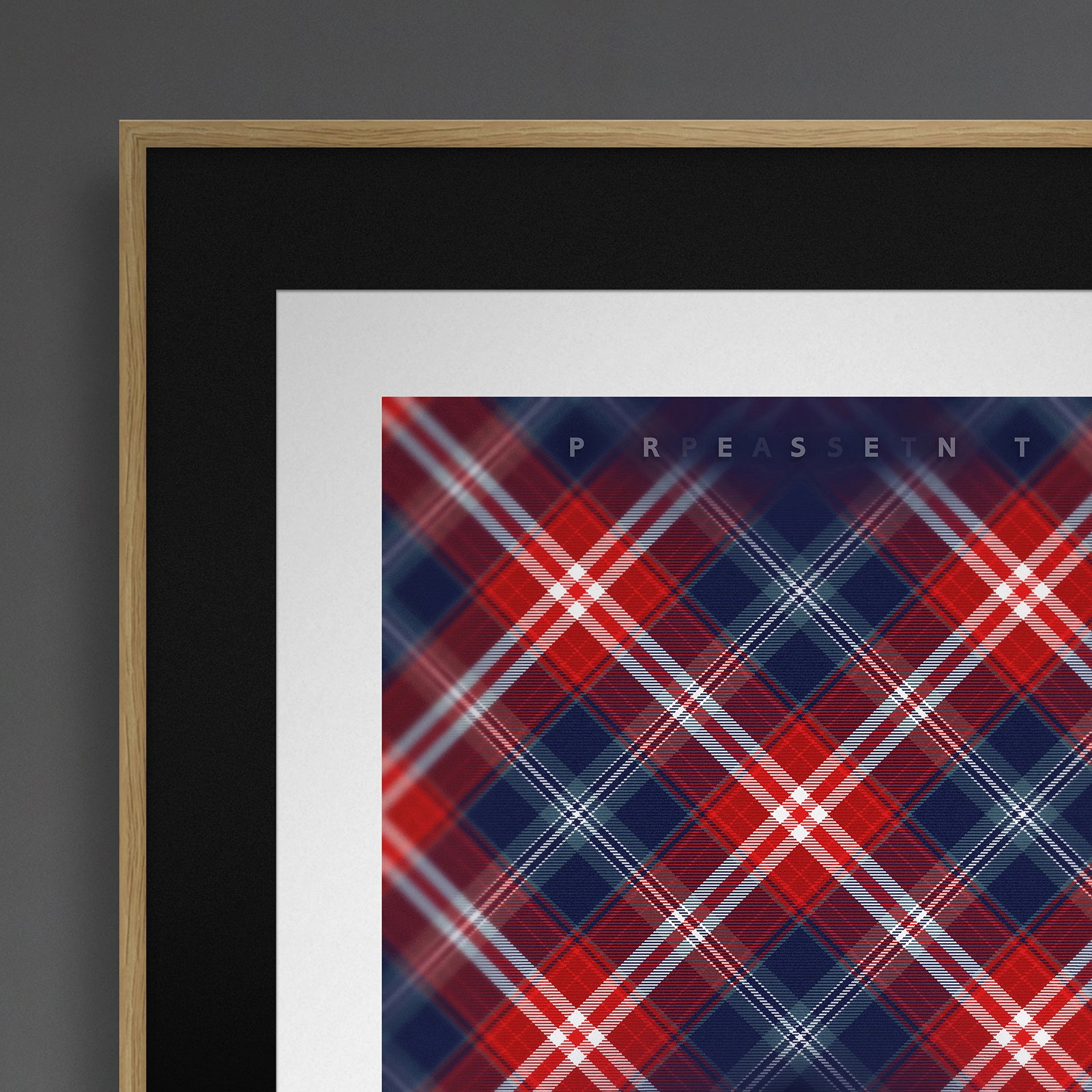 Top left corner close-up of Star-Spangled Banner America250 framed collector’s Tartan250 print showing plaid detail and oak frame.