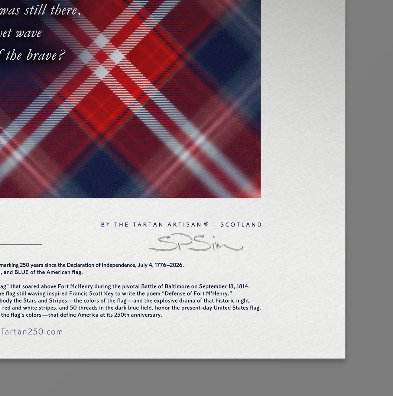 Lower right section of the print showing bright white tartan stripes, the printed poetic narrative, and the official artist’s signature.