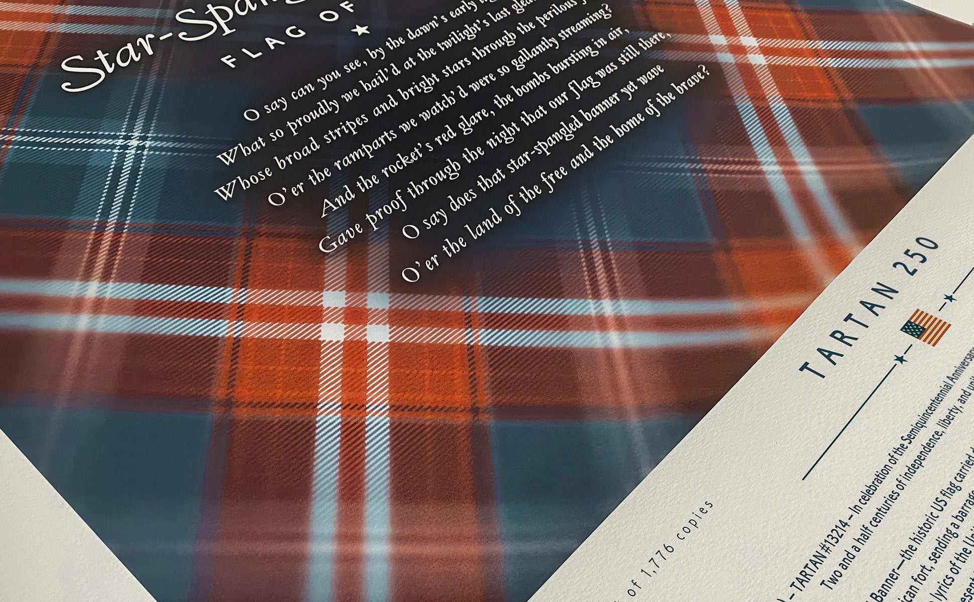 The Star-Spangled Banner America 250 Tartan limited edition print celebrates 250 years of American independence with a bold tartan design inspired by the national flag. Each numbered print includes the iconic anthem’s lyrics and a certificate of authenticity, making it a unique collectible for patriotic art lovers.