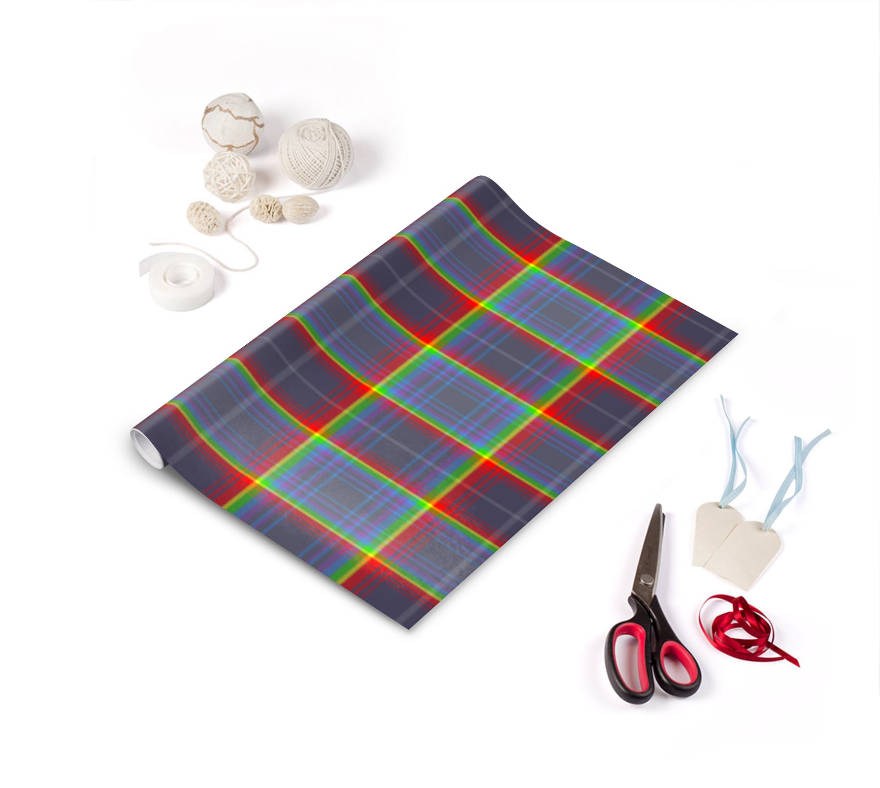 Designer wrapping paper exclusive to the Tartan Artisan ®. Featuring the tartan ...Scotland's Grace. Inspired after the designer witnessed an unusually bright double rainbow during a heavy cloudburst in full sunshine, which appeared over Arbroath east coast of Scotland on 9th May 2014