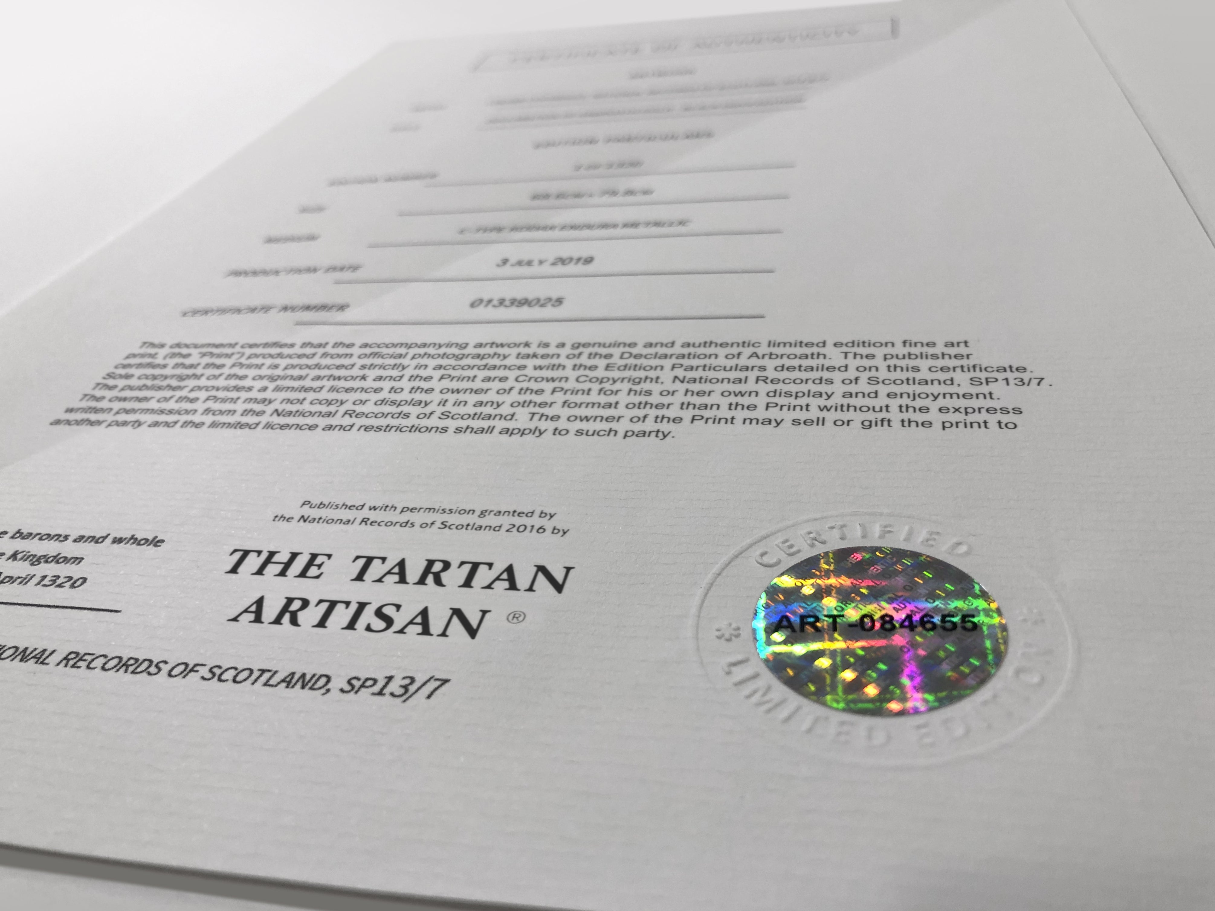 The DECLARATION OF ARBROATH - GOLD metallic print editions - with serialised holographic certificate - Black Onyx