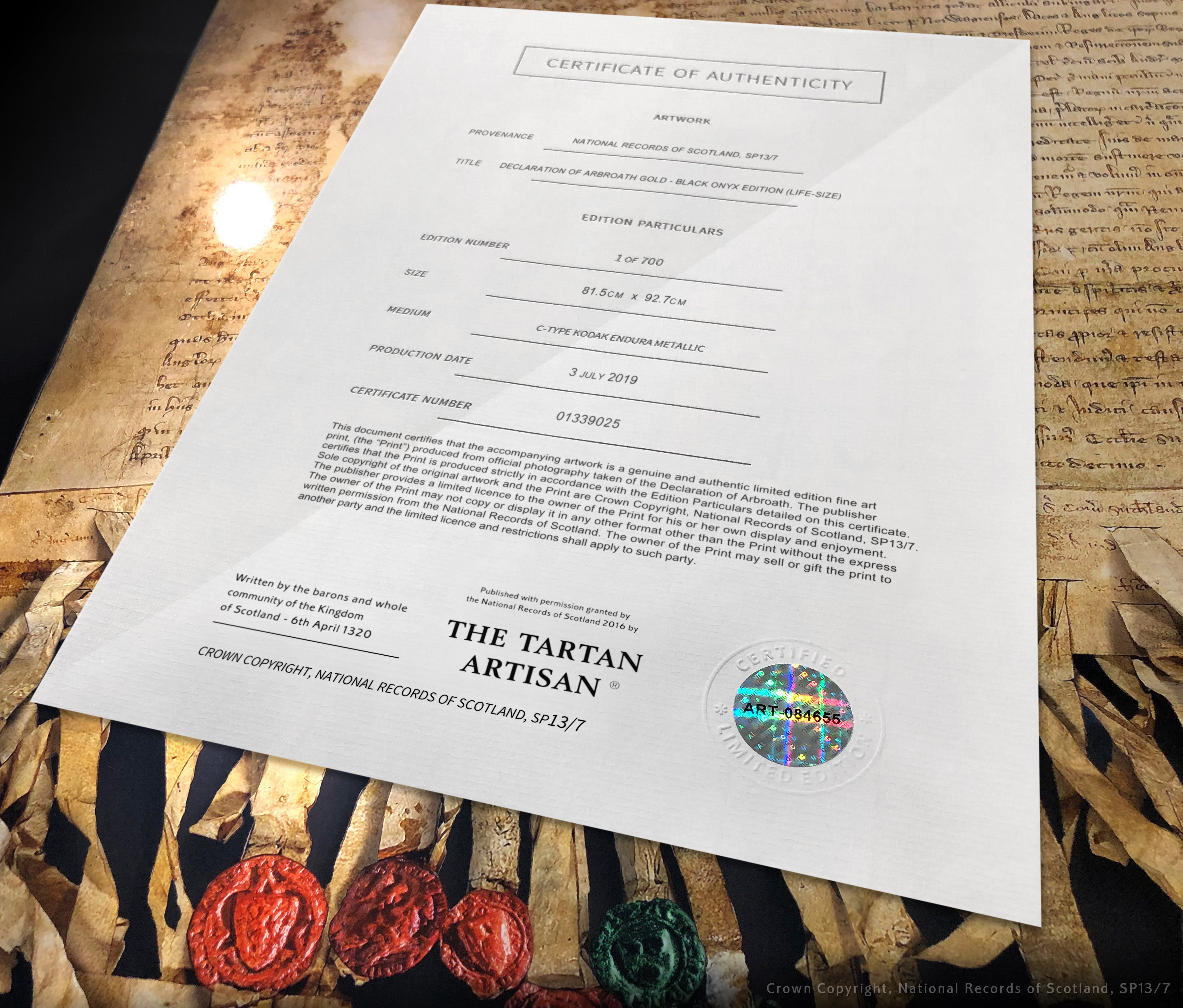 The DECLARATION OF ARBROATH - GOLD metallic print editions - Black Onyx - Certificate - Black Onyx