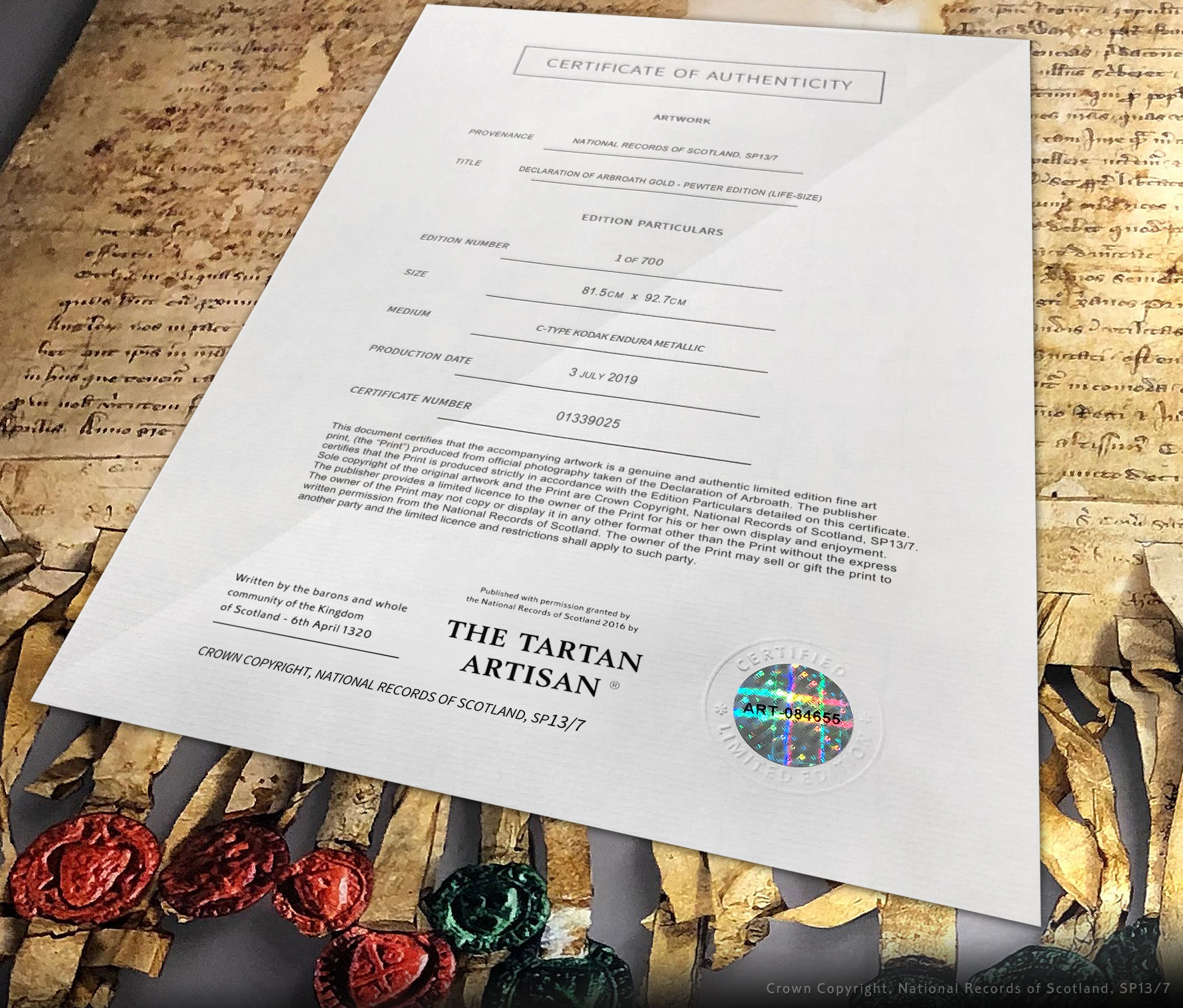 The DECLARATION OF ARBROATH - GOLD metallic print editions Certificate - Pewter Edition