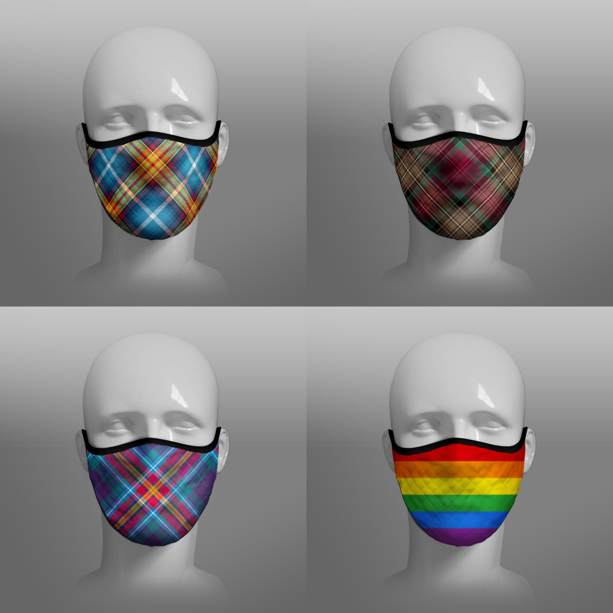 Tartan Face coverings contoured face masks by Steven Patrick Sim the Tartan Artisan - including Declaration of Scottish Independence - Arbroath 6th April 1320 - Gay Pride Rainbow Flag - YES Alba Gu Brath - four pack combo - small