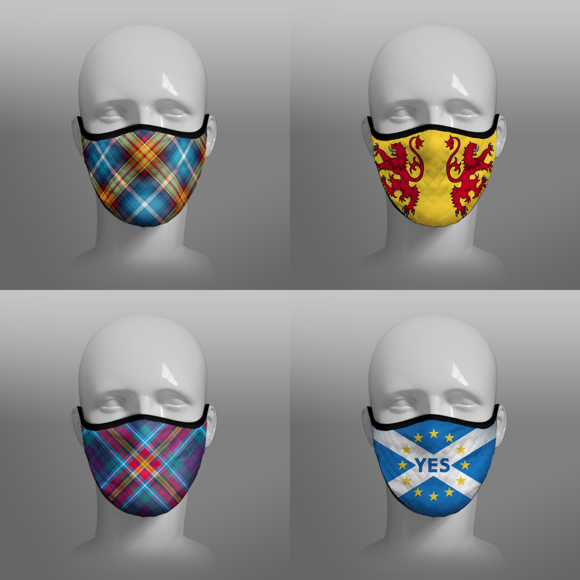Tartan Face coverings face masks Covid 19 Covid-19 Pandemic Coronavirus Virus cough sneeze by Steven Patrick Sim the Tartan Artisan Stevie Tartan Guy - Nicola Sturgeon homeless - four pack combo - large - including Declaration of Arbroath Scottish Independence Saltire 6th April 1320 - YES It's Time Scots campaign Alba Gu Brath bràth - Pro EU - European Union Saltire - Lion Rampant Royal Standard of Scotland - four pack combo small