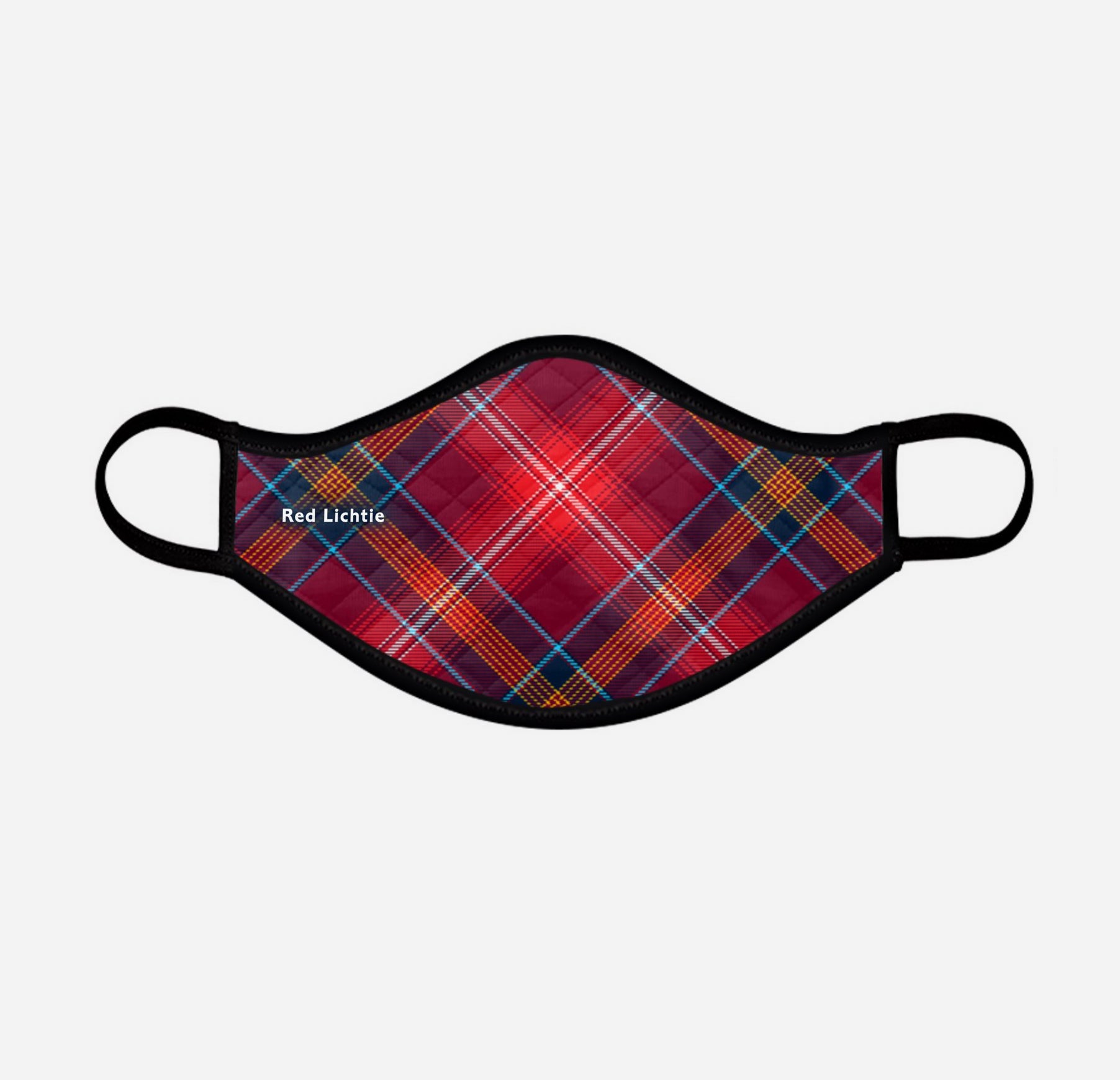 Red Reid Lichtie Lichties Tartan custom printed face mask - Medium with badge - by the Steven Patrick Sim Tartan Artisan - Stevie Tartan Guy Arbroath, Scotland - mixed pack of 4 or 2