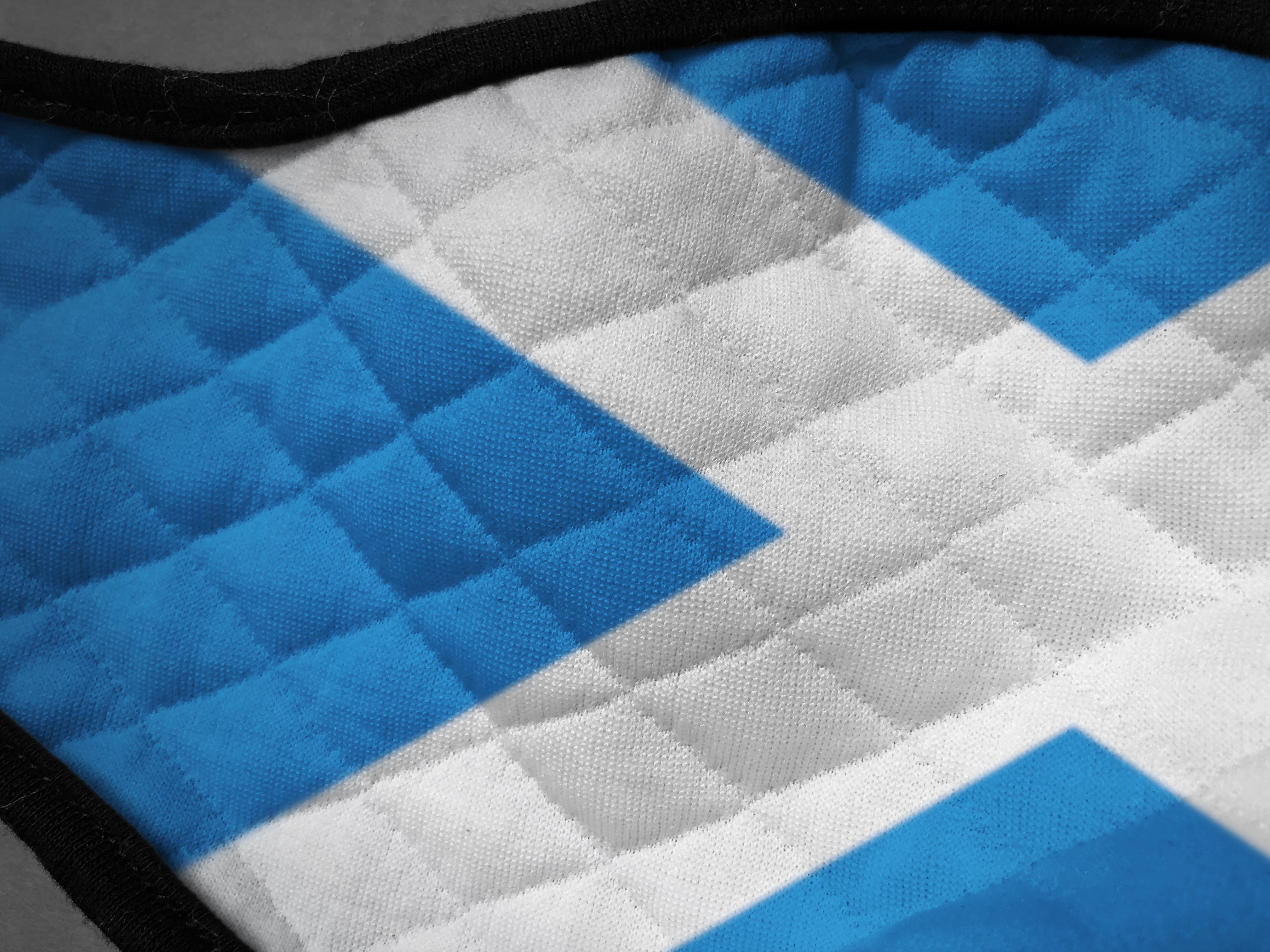 Contoured Face Mask - face covering - Nicola Sturgeon - Scottish Scotland Scots Saltire St Andrew's Cross - by Steven Patrick Sim the Tartan Artisan - Stevie Tartan Guy - printed fabric 2 - extra large