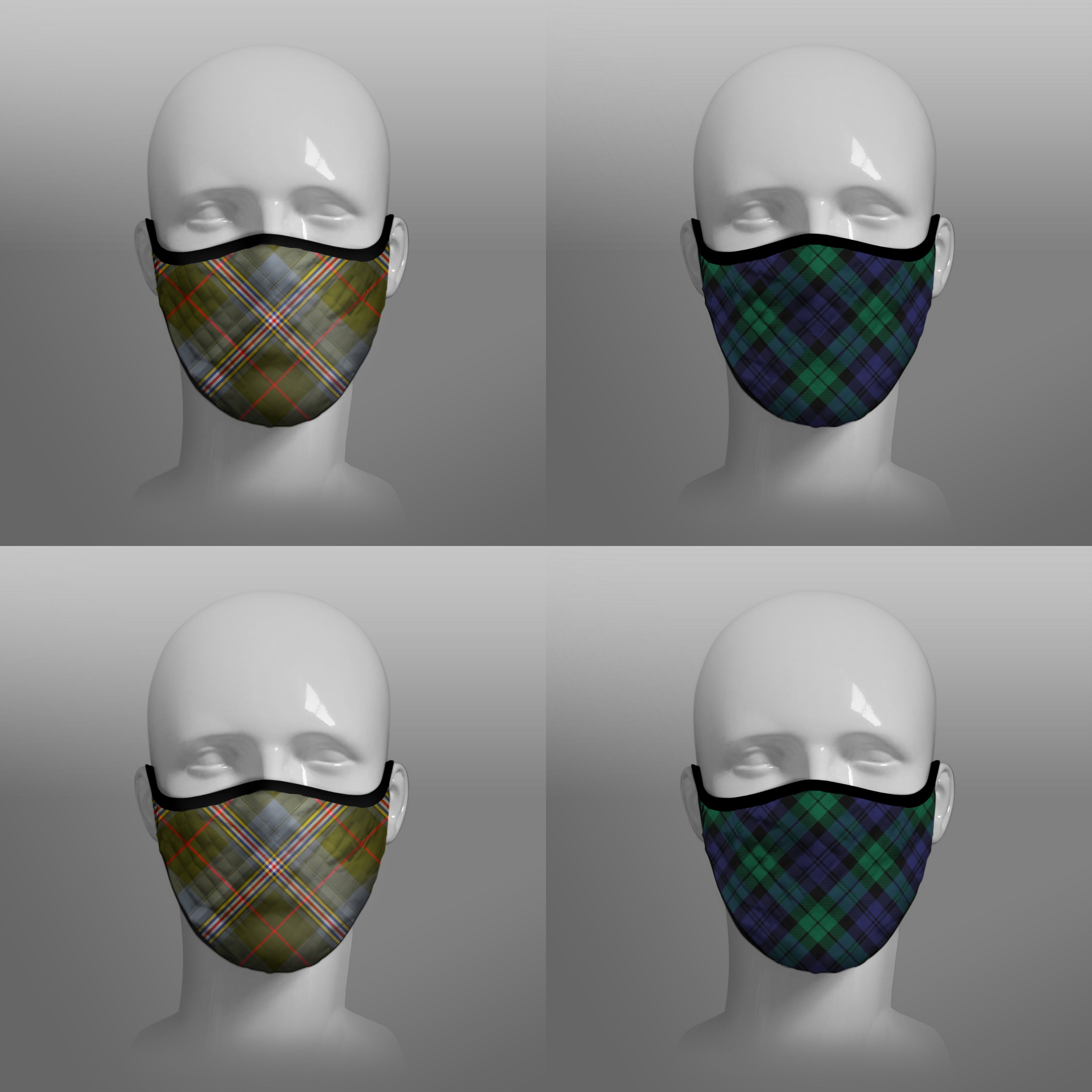Red Lichtie district Spitfire tartan Arbroath Lichtie EP121 Montrose Air Station Heritage Centre face covering - Black Watch - by Steven Patrick Sim the Tartan Artisan - Stevie Tartan Guy - mixed pack of 4