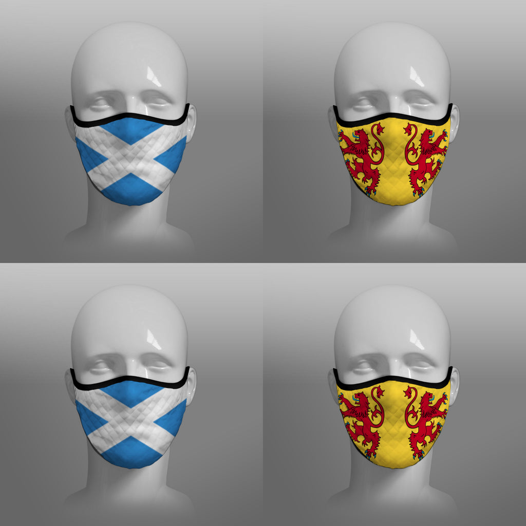 Contoured Face Mask - face covering - Nicola Sturgeon - Scottish Scotland Scots Saltire and Lion Rampant Royal Standard of Scotland - by Steven Patrick Sim the Tartan Artisan - Stevie Tartan Guy - mixed pack of 4 small