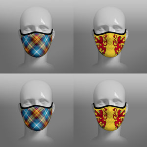 Contoured Face Mask - face covering - Nicola Sturgeon - Declaration of Scottish Independence tartan and Lion Rampant Royal Standard of Scotland - by Steven Patrick Sim the Tartan Artisan - Stevie Tartan Guy - mixed pack of 4 small