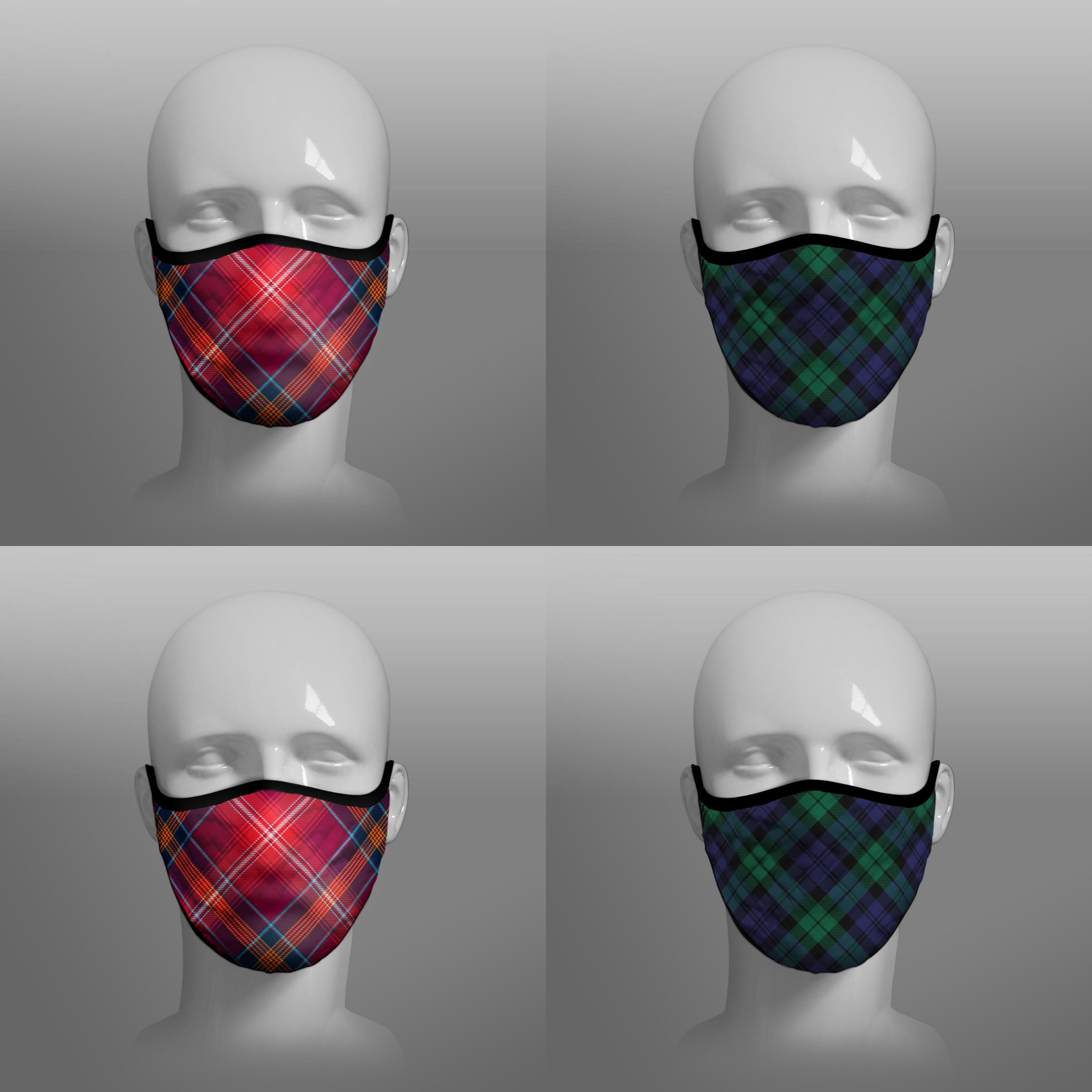 Red Lichtie district tartan Arbroath Black Watch face covering - by Steven Patrick Sim the Tartan Artisan - Stevie Tartan Guy - mixed pack of 4