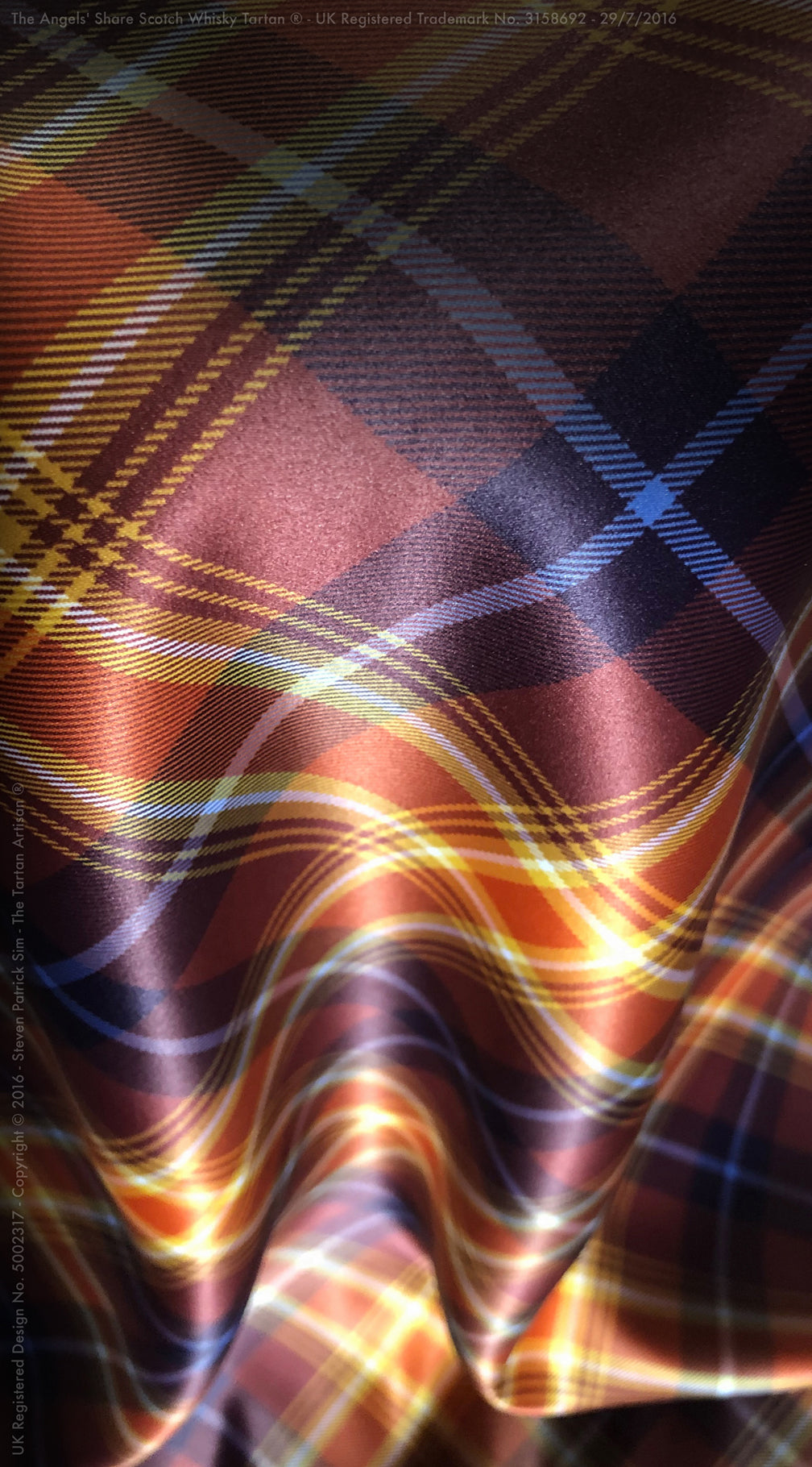 The Angels' Share Scotch Whisky Tartan - printed Duchess Satin fabric 200gsm - By Steven Patrick Sim the Tartan Artisan shimmering Scottish fabric