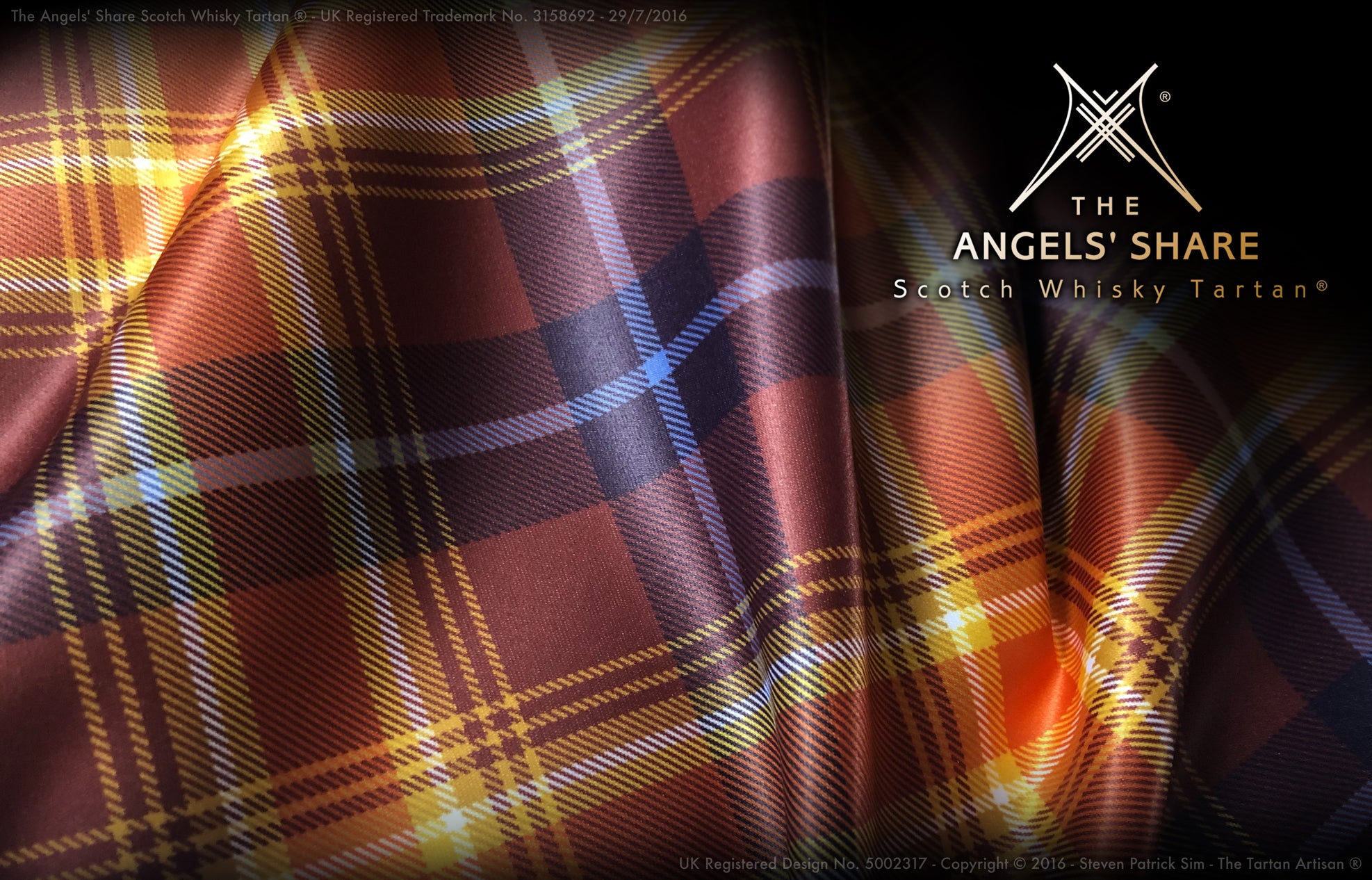 The Angels' Share Scotch Whisky Tartan - printed Duchess Satin fabric 200gsm - By Steven Patrick Sim the Tartan Artisan celebrating the Amber liquid