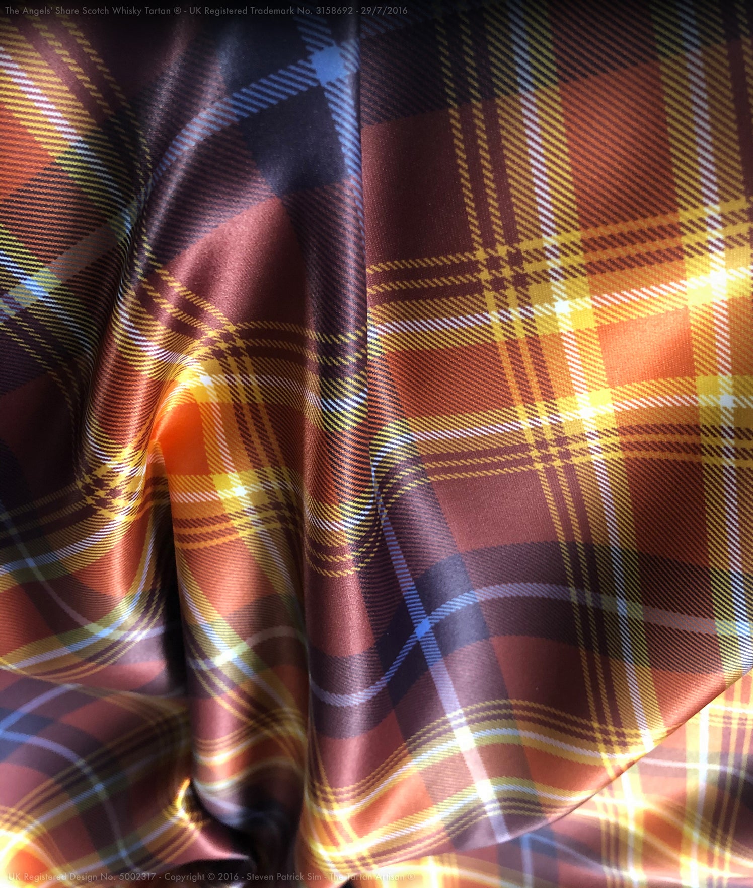 The Angels' Share Scotch Whisky Tartan - printed Duchess Satin fabric 200gsm - By Steven Patrick Sim the Tartan Artisan woven printed tartan material