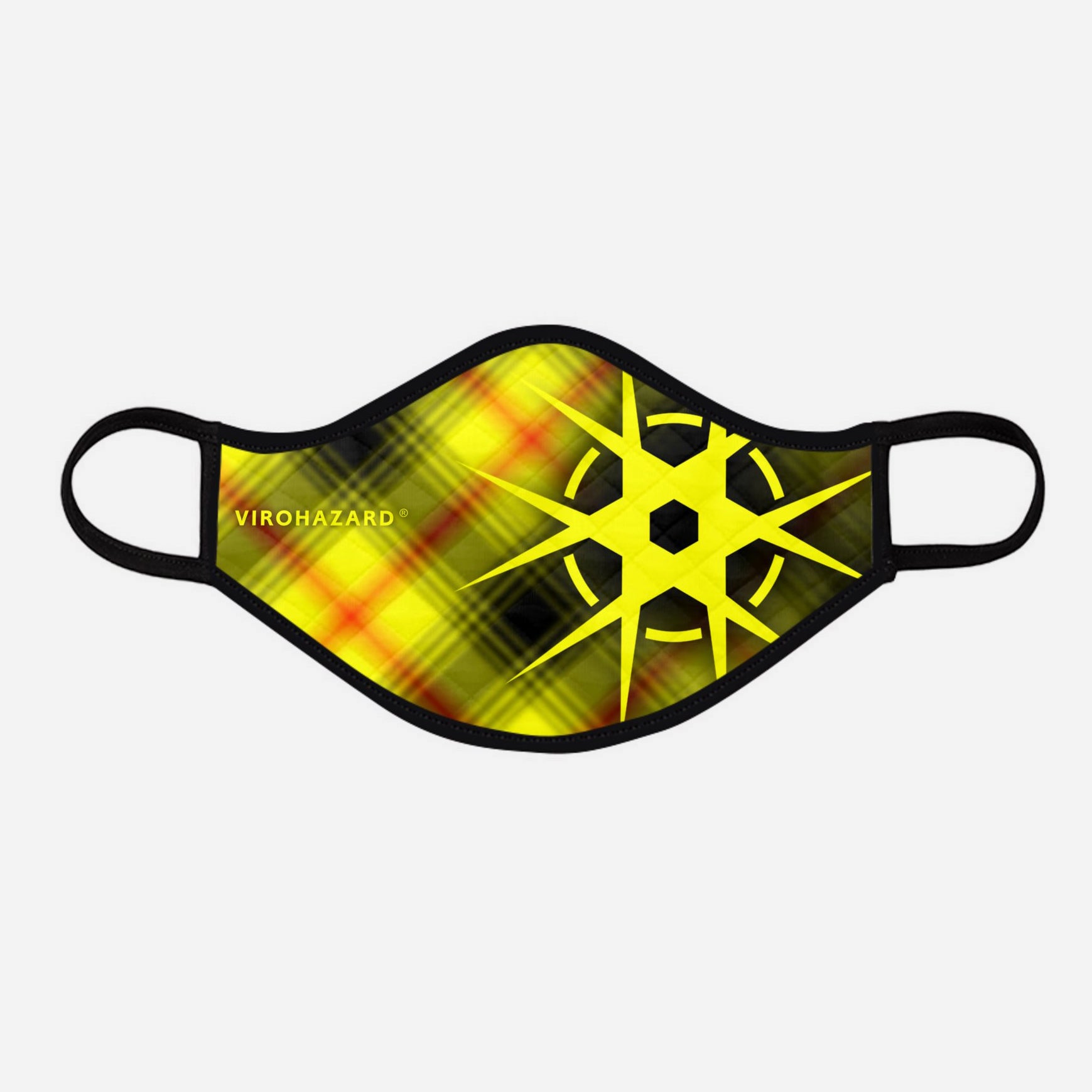 Virohazard tartan face mask facemask face-mask covid - 19 - pandemic Coronavirus - Nicola Sturgeon - Scottish cloth face covering filter - by Steven Patrick Sim the Tartan Artisan - Stevie Tartan Guy - yellow logo with tartan - large - registered trade mark