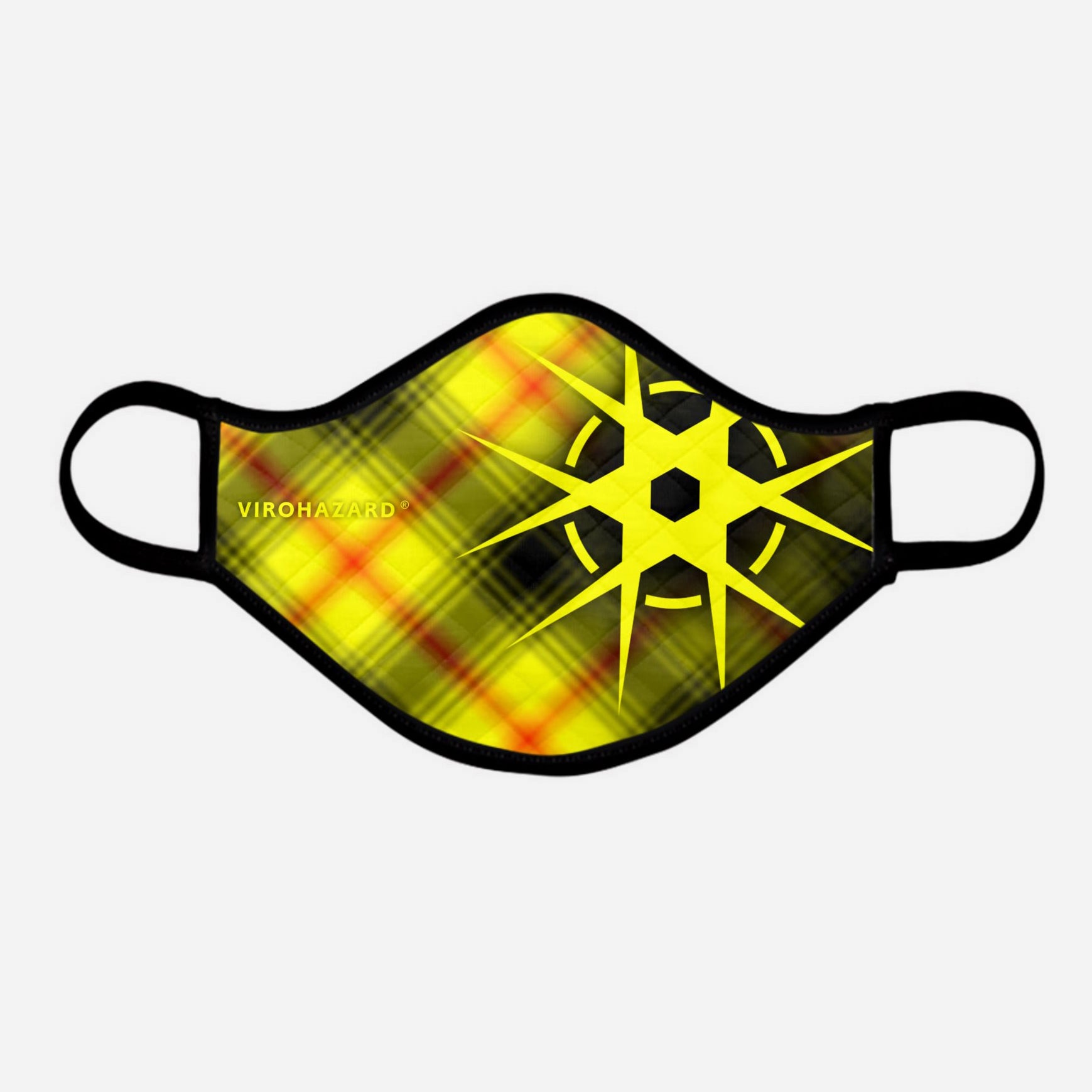 Virohazard tartan face mask facemask face-mask covid - 19 - pandemic Coronavirus - Nicola Sturgeon - Scottish cloth face covering filter - by Steven Patrick Sim the Tartan Artisan - Stevie Tartan Guy - yellow logo with tartan - extra large - registered trade mark