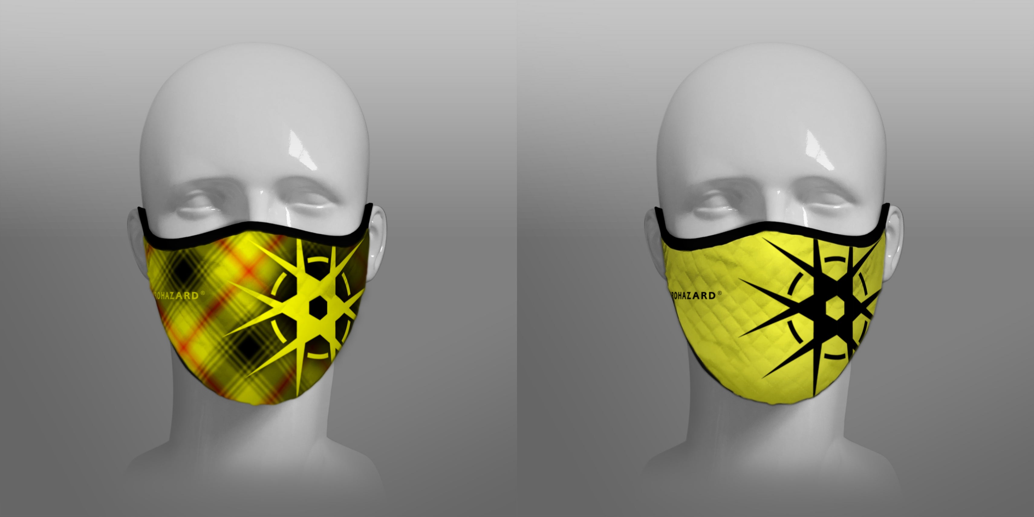 Virohazard tartan face mask facemask face-mask covid - 19 - pandemic Coronavirus - Nicola Sturgeon - Scottish cloth face covering filter - by Steven Patrick Sim the Tartan Artisan - Stevie Tartan Guy - Yellow Logo and tartan with black on yellow registered trademark logo - 2 pack