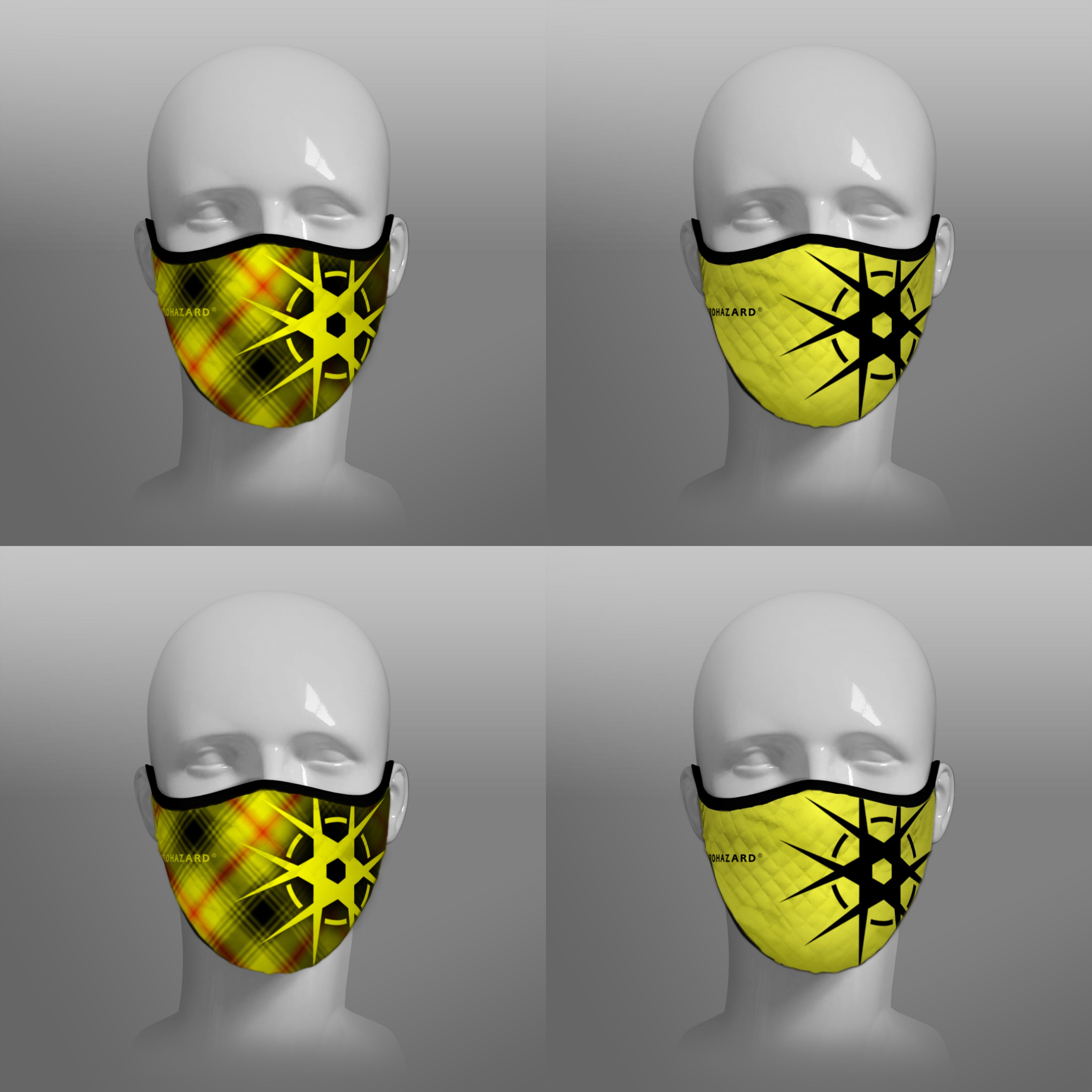 Virohazard tartan face mask facemask face-mask covid - 19 - pandemic Coronavirus - Nicola Sturgeon - Scottish cloth face covering filter - by Steven Patrick Sim the Tartan Artisan - Stevie Tartan Guy - Yellow Logo and tartan with black on yellow registered trademark logo - 4 pack