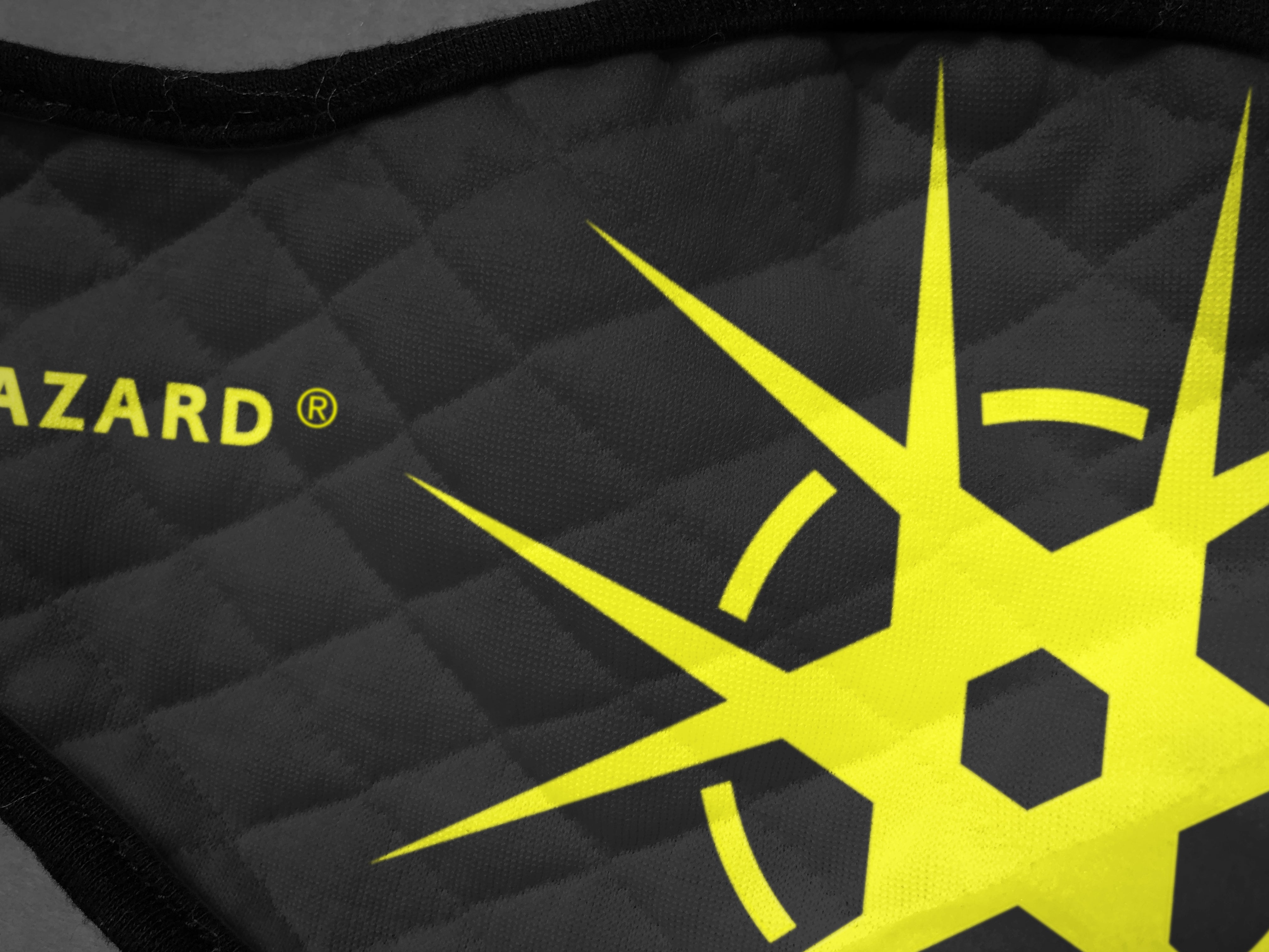 Virohazard tartan face mask facemask face-mask covid - 19 - pandemic Coronavirus - Nicola Sturgeon - Scottish cloth face covering filter - by Steven Patrick Sim the Tartan Artisan - Stevie Tartan Guy - yellow logo with black - detailed view 2 - registered trade mark