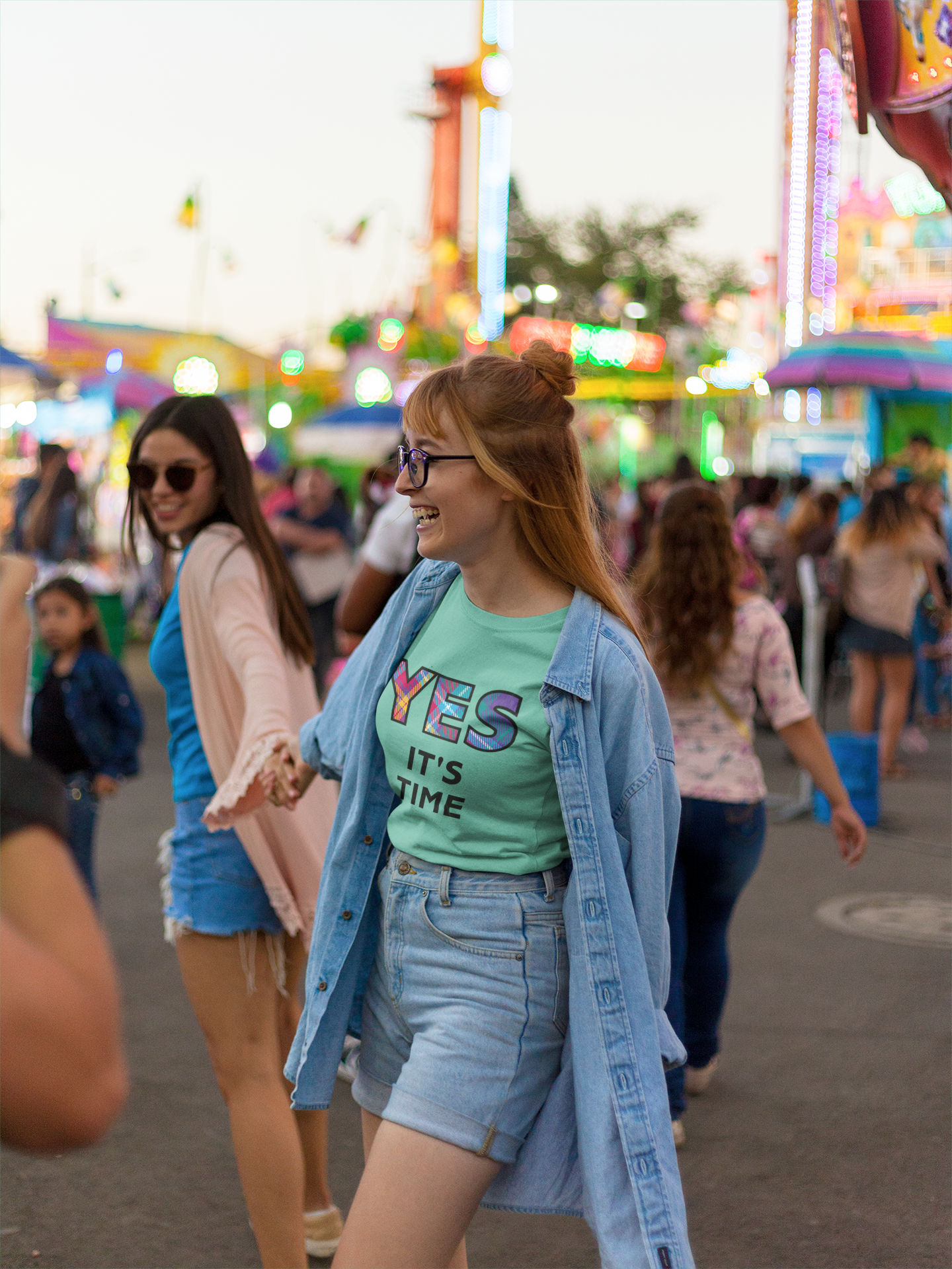 Green YES Tartan T-Shirt two girls