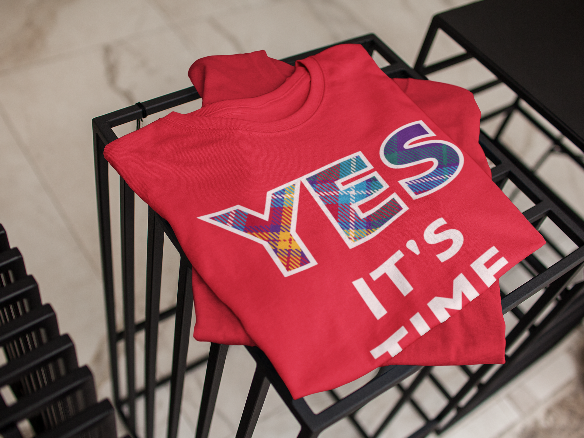 Folded YES it's time Tartan T-Shirt by Steven Patrick Sim
