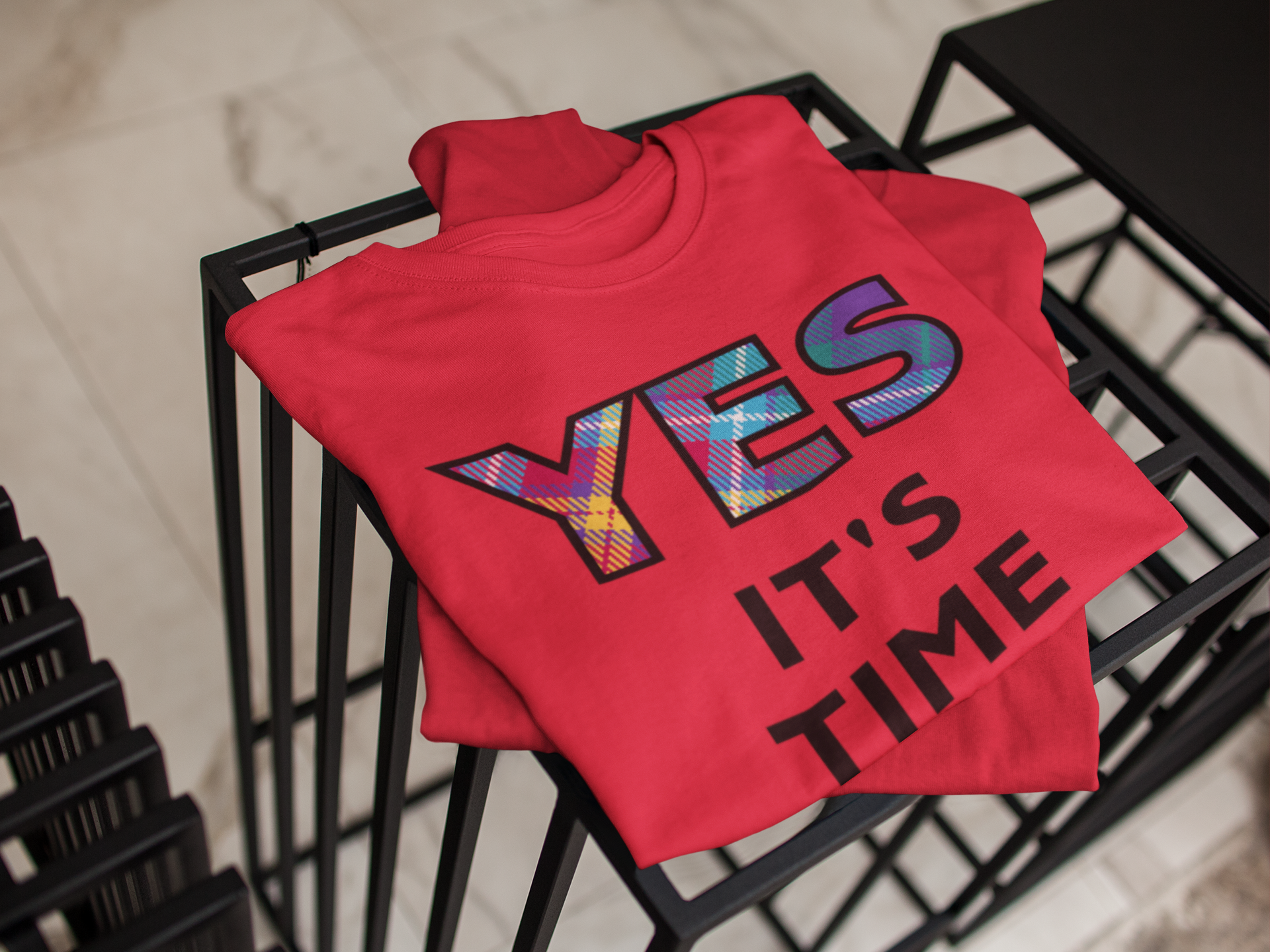 Folded YES Tartan Cotton Organic Red T-Shirt