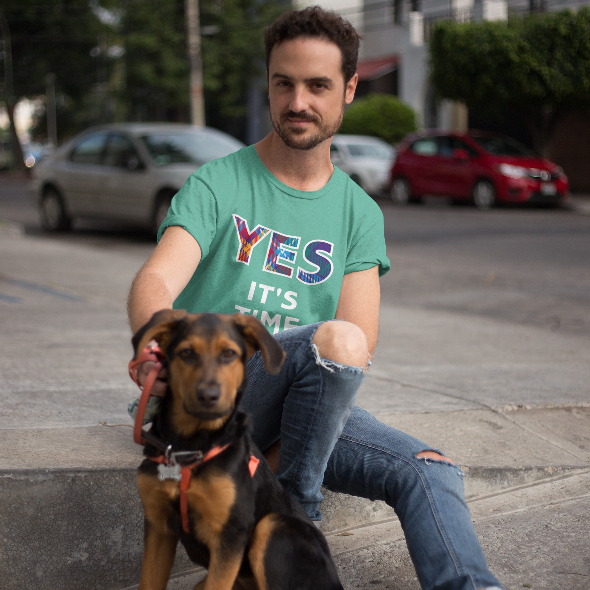 Soft Green YES t-shirt with Alba Gu Brath tartan