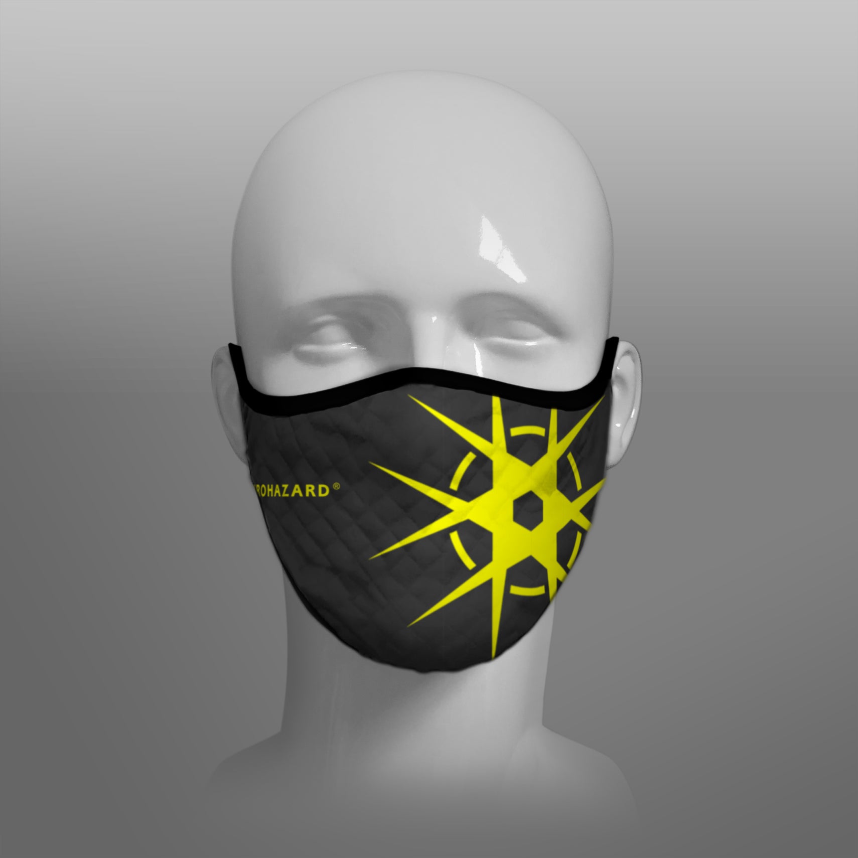 Virohazard tartan face mask facemask face-mask covid - 19 - pandemic Coronavirus - Nicola Sturgeon - Scottish cloth face covering filter - by Steven Patrick Sim the Tartan Artisan - Stevie Tartan Guy - black with yellow registered trademark logo